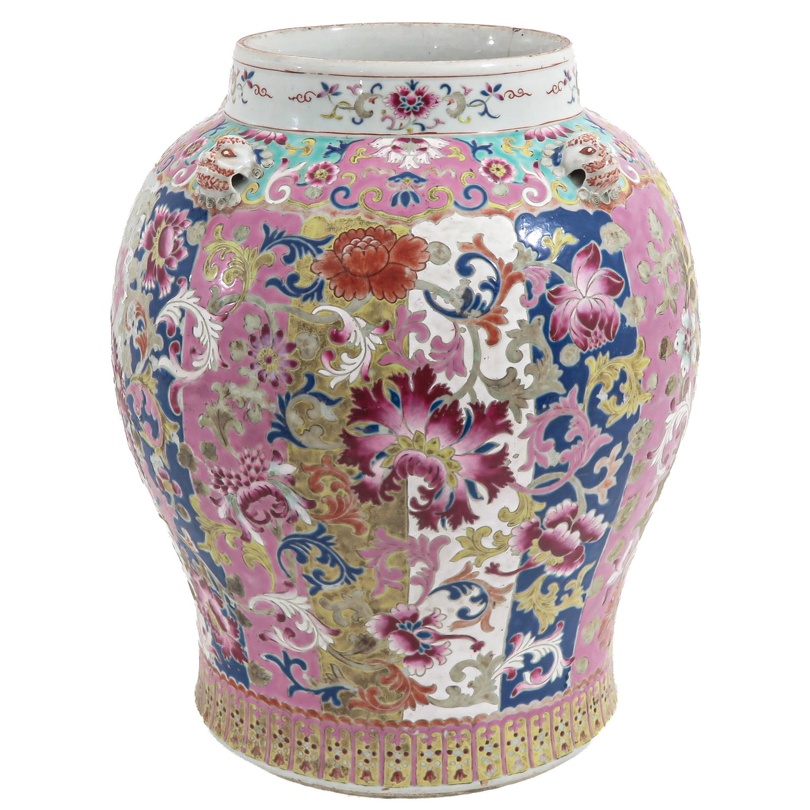 A Famille Rose Baluster Jar: Decorated with floral scrolls and gilt embellishments on a pink and blue ground, with applied lion-mask handles, 48 cm. tall, in diverse conditions.