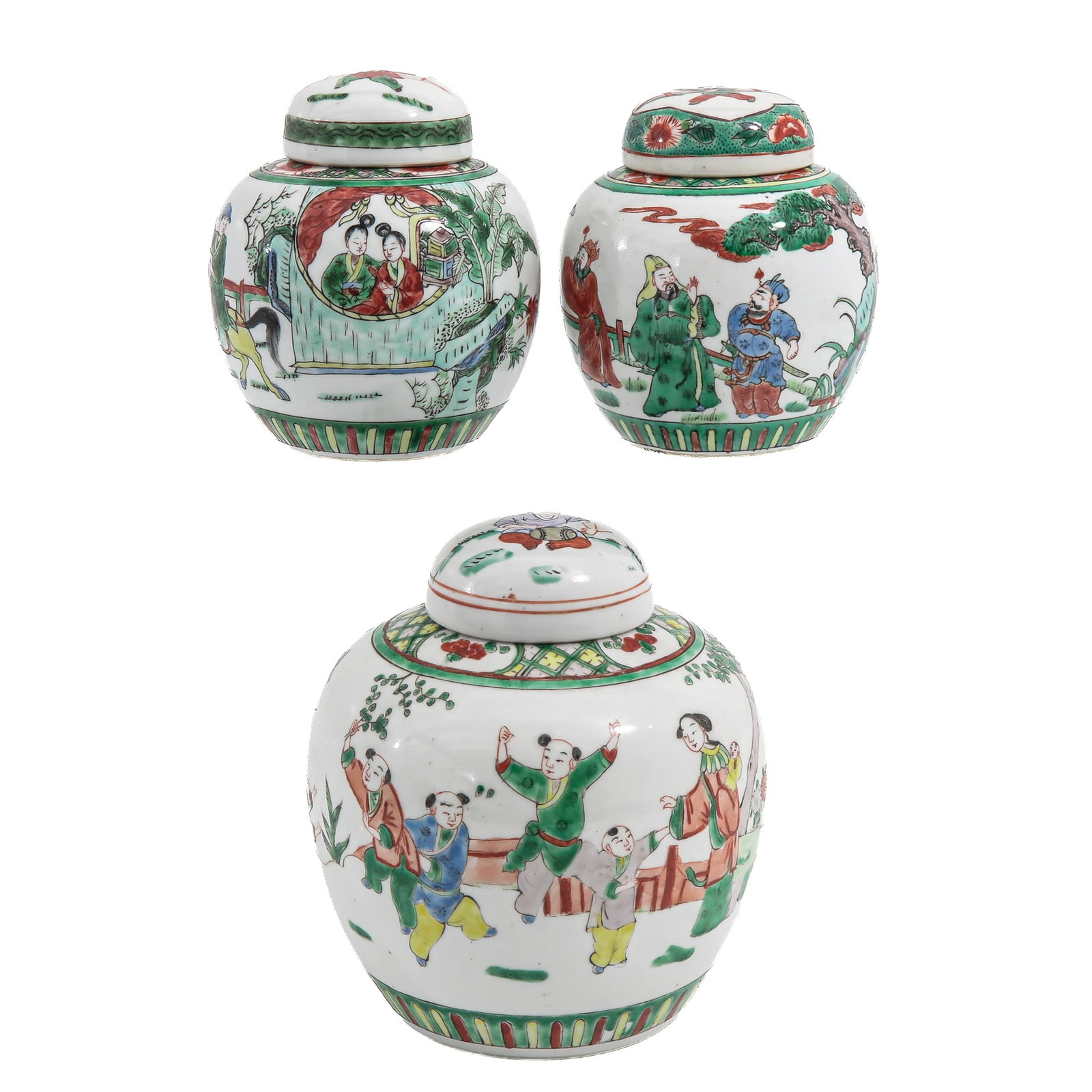A Group of 3 Famille Verte Covered Ginger Jars: Decorated with figural scenes in a garden setting, 19th Century, the tallest jar is 19 cm.