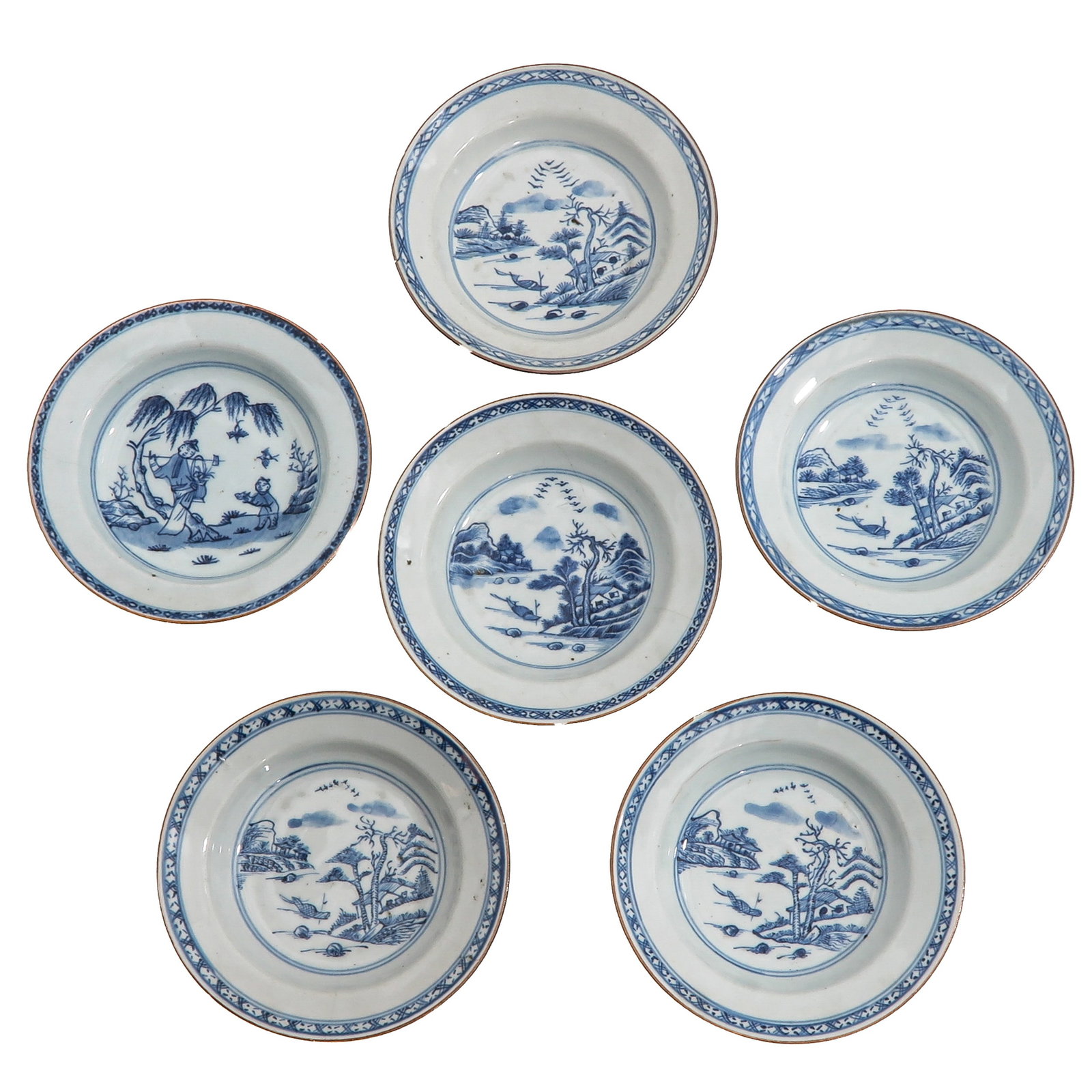 A Group of 6 Blue and White Plates: Five decorated with river landscapes and one with a figural scene in a garden, 17 cm. in diameter, in diverse conditions.