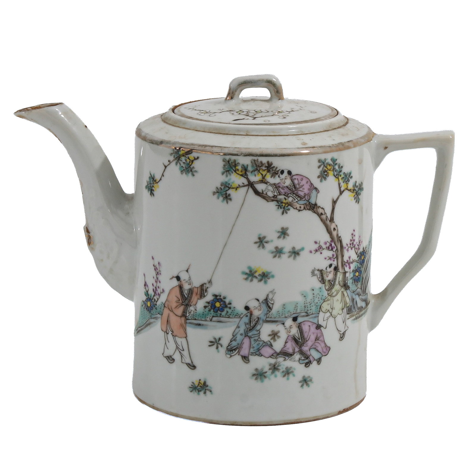 A Famille Rose Teapot: 19th Century, decorated with figures and boys playing in a garden, 14 cm. tall.
