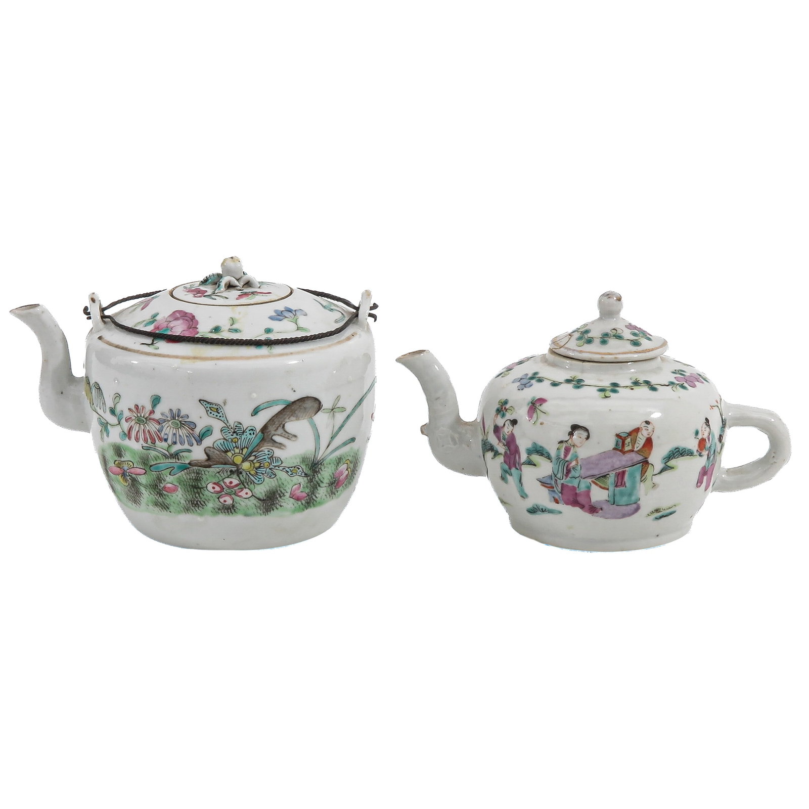 A Lot of 2 Famille Rose Teapots: Decorated with butterflies, flowers and foliage, the other with figures in a garden setting, 19th Century, tallest is 10 cm.