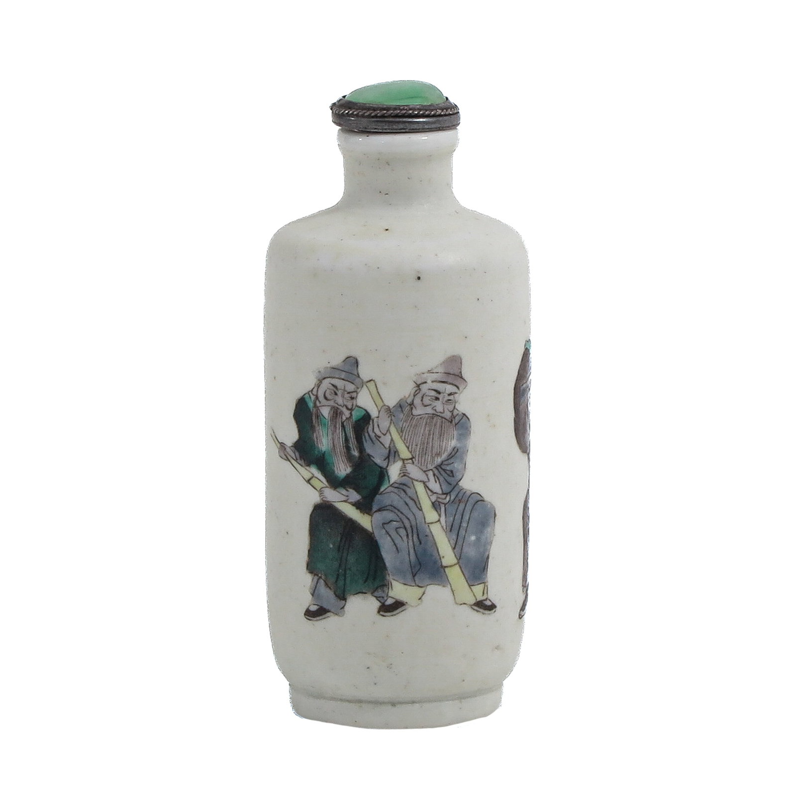 A Famille Verte Snuff Bottle: Decorated with 2 scholars holding bamboo, with green hardstone stopper, 9 cm. tall.