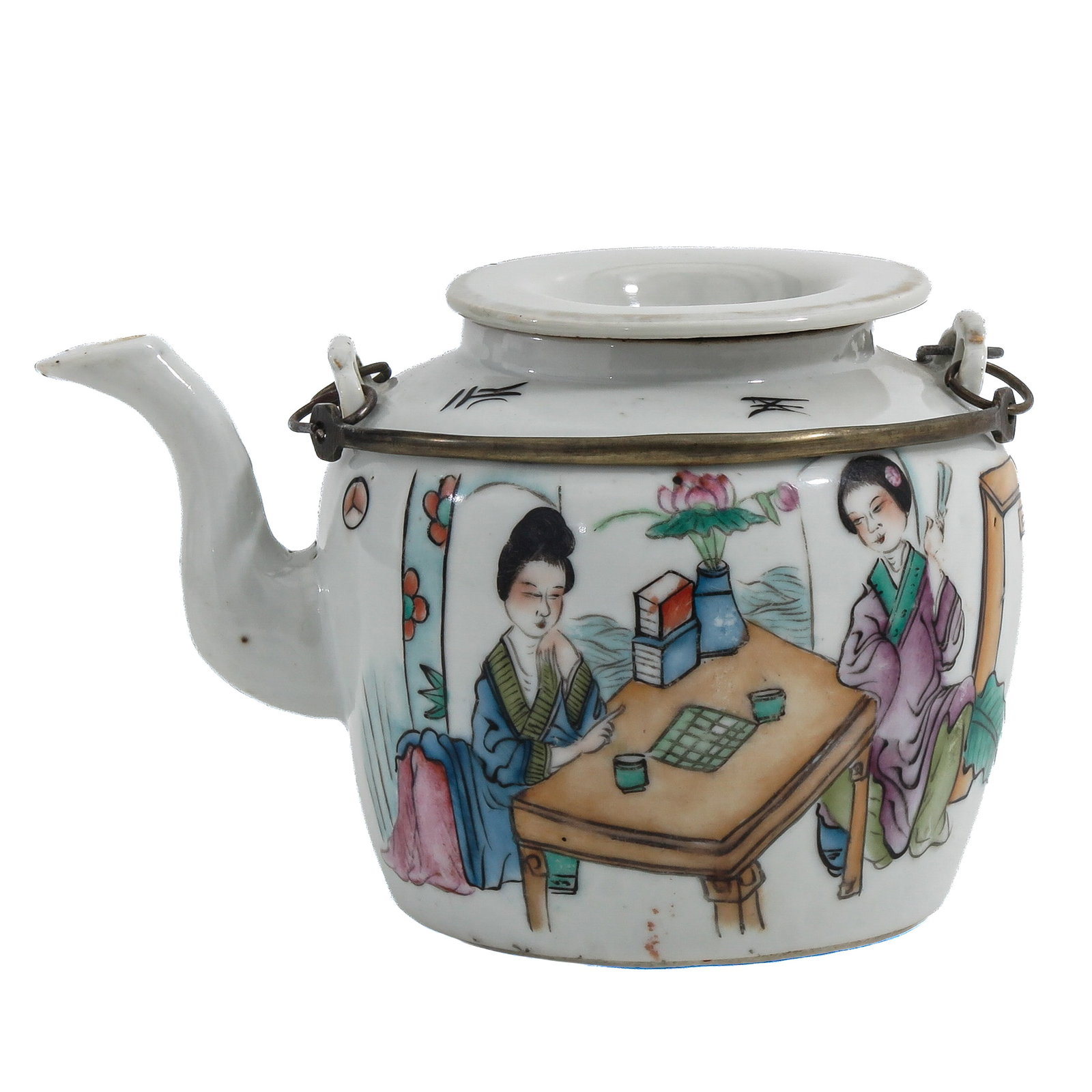 A Famille Rose Teapot: Decorated with ladies playing a board game, with a metal swing handle, 19th Century, 12 cm. tall.