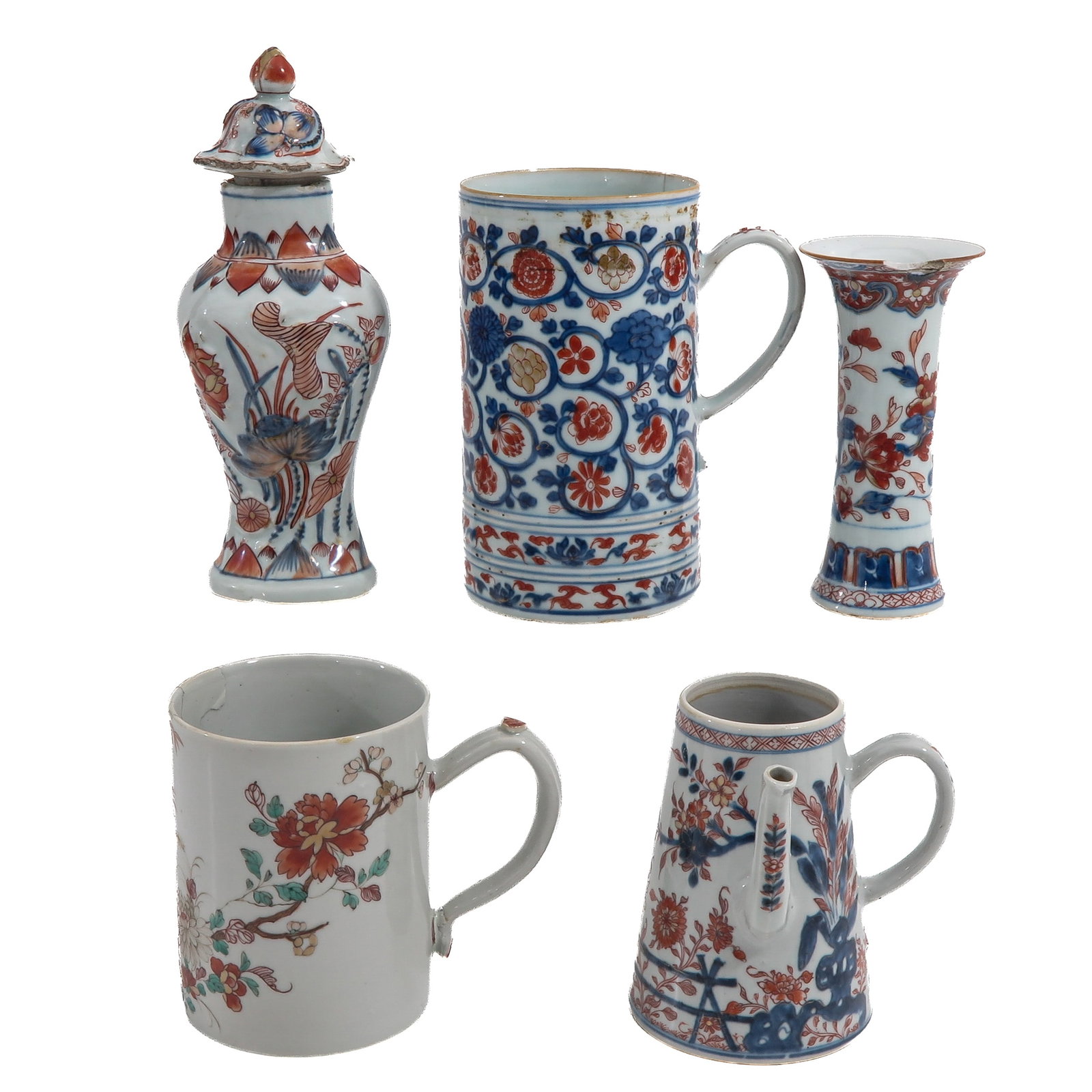 A Group of Porcelain: Including Famille Rose and Imari porcelain wares, 18th Century, variously decorated with flowers and birds, vase with cover is 24 cm., in diverse conditions.