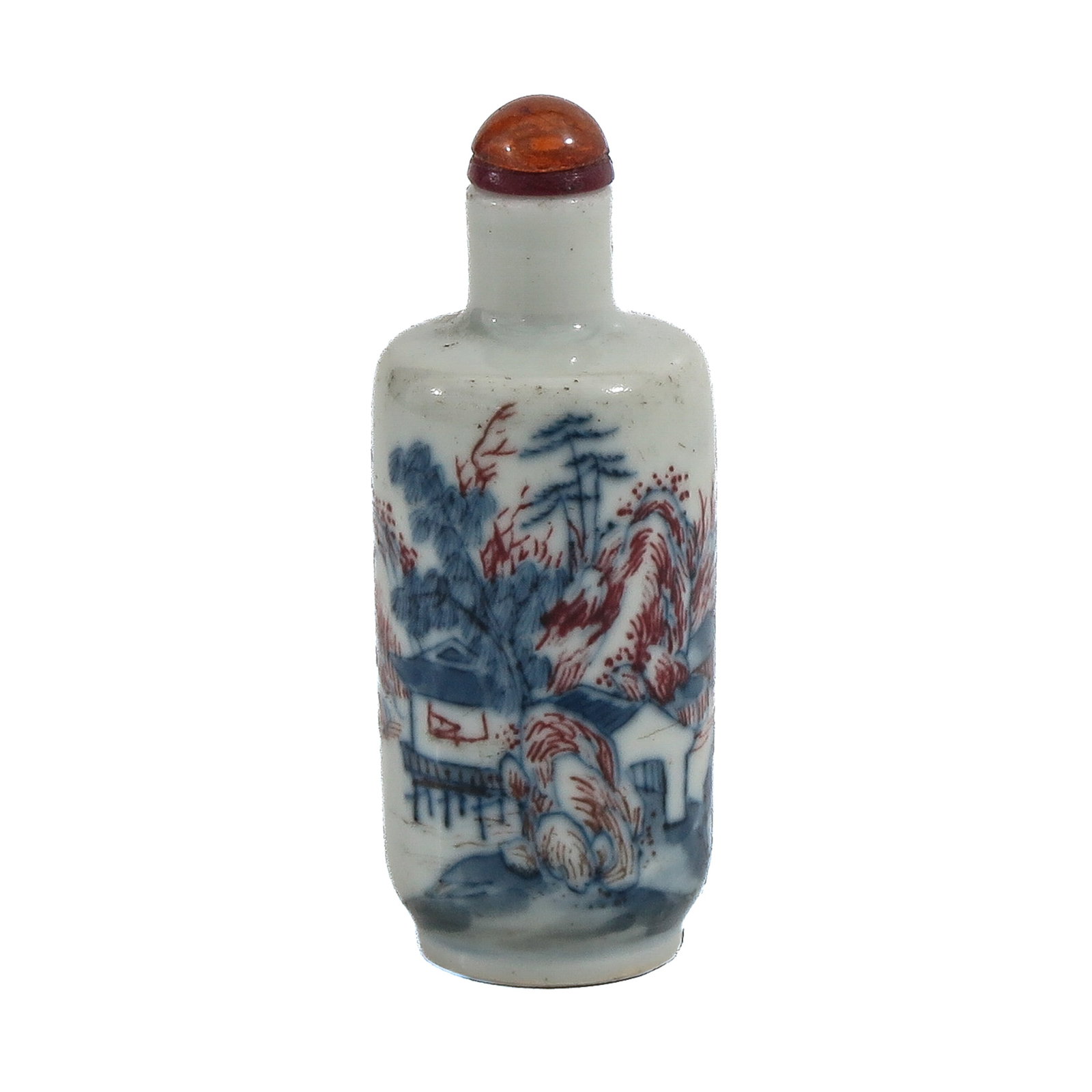A Blue and Copper Red Snuff Bottle: Decorated in underglaze blue and copper red with a mountainous river landscape and buildings, 8 cm. tall.