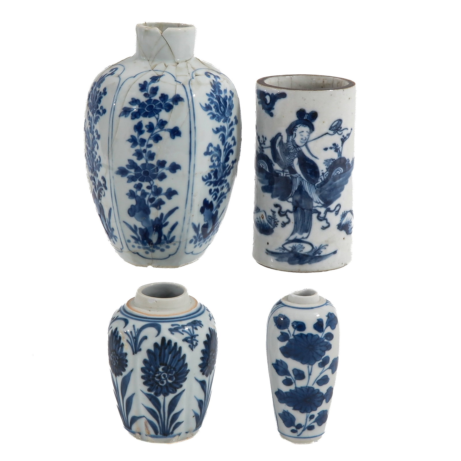 A Group of 3 Small Vases: In various blue and white decors, including 18th Century, tallest vase is 16 cm., in diverse conditions.