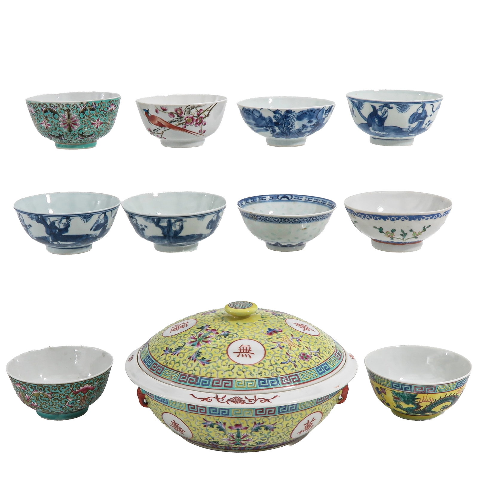 A Diverse Collection of Porcelain: Including bowls and a tureen with cover, including 19th Century, tureen measures 24 cm. in diameter.