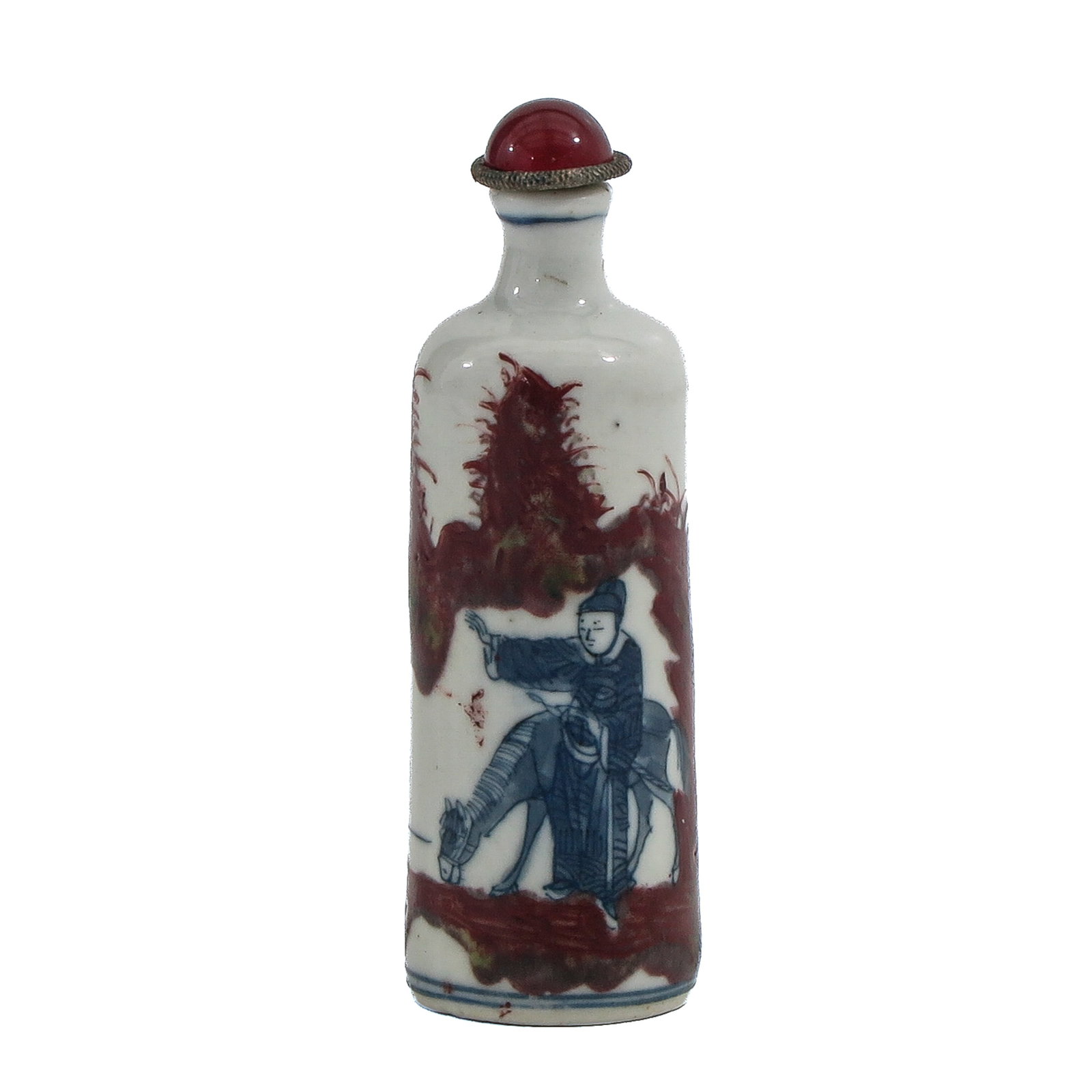 A Blue and Copper Red Snuff Bottle: Decorated in underglaze blue and copper red with a seated scholar and attendant in a landscape, 8 cm. tall.