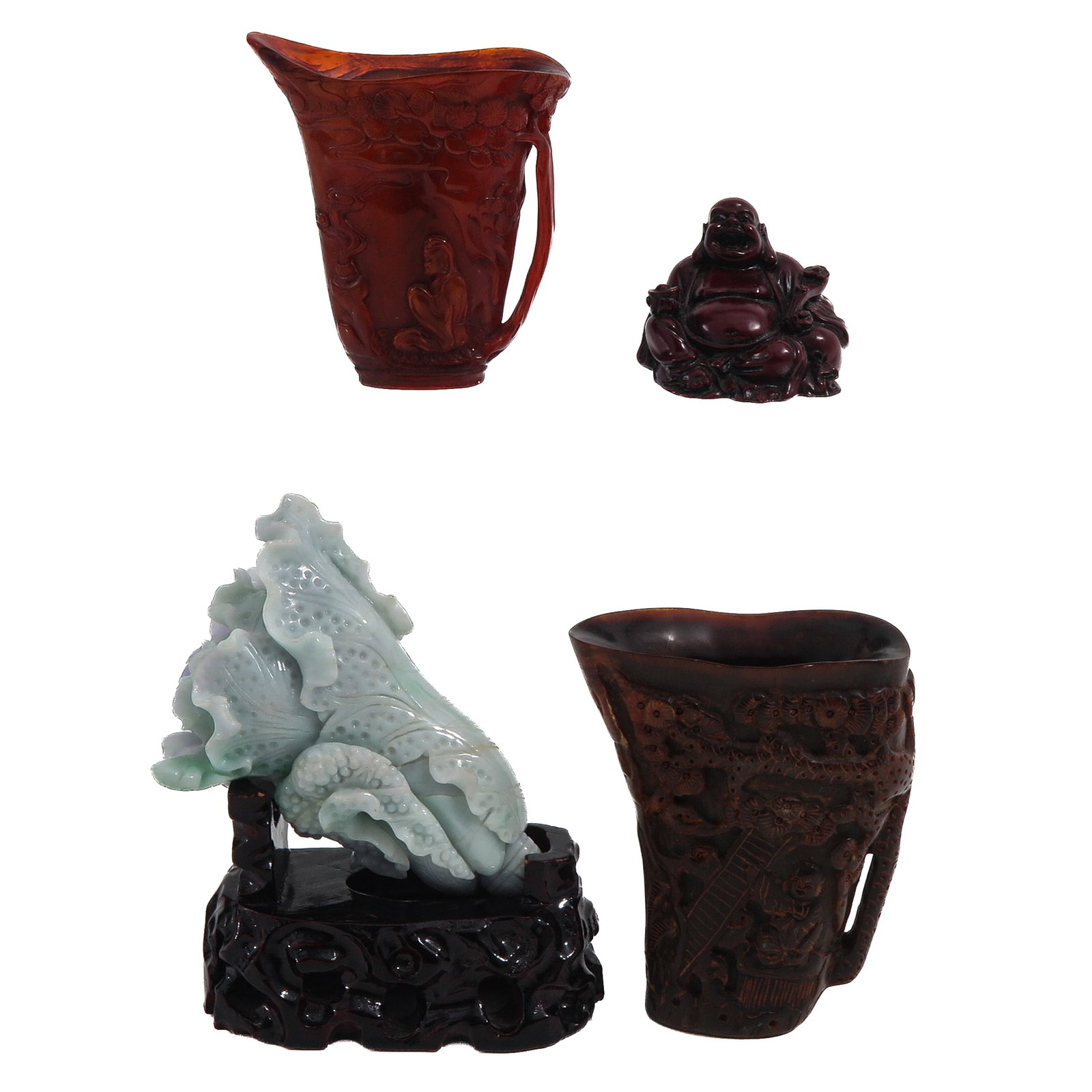 A Diverse Collection of Items: 4 pieces, including libation cups a seated Budhha figure and a celadon carving, tallest is 11 cm.