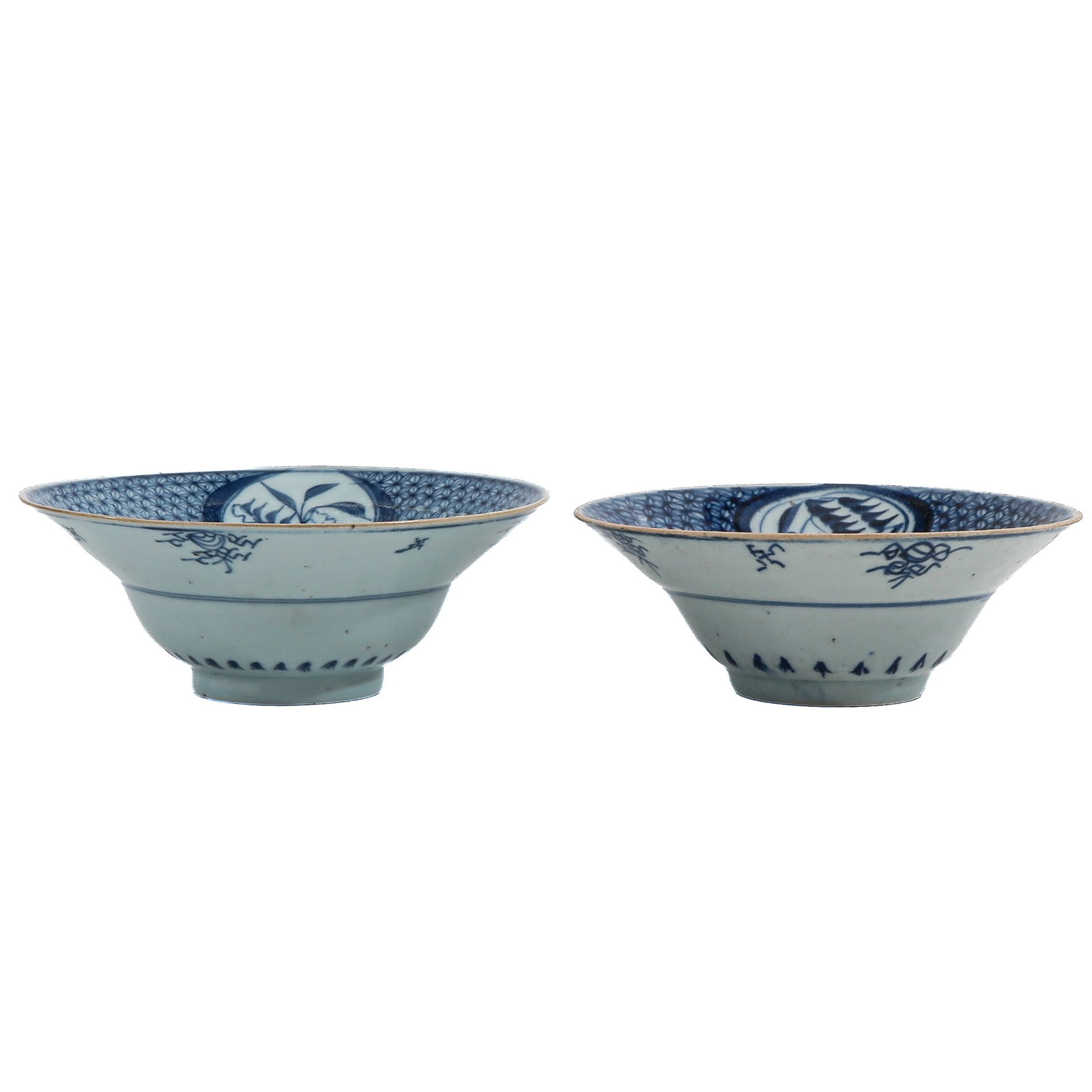 A Lot of 2 Blue and White Bowls: Floral decor, 19th Century, 19 cm. in diameter, chip.