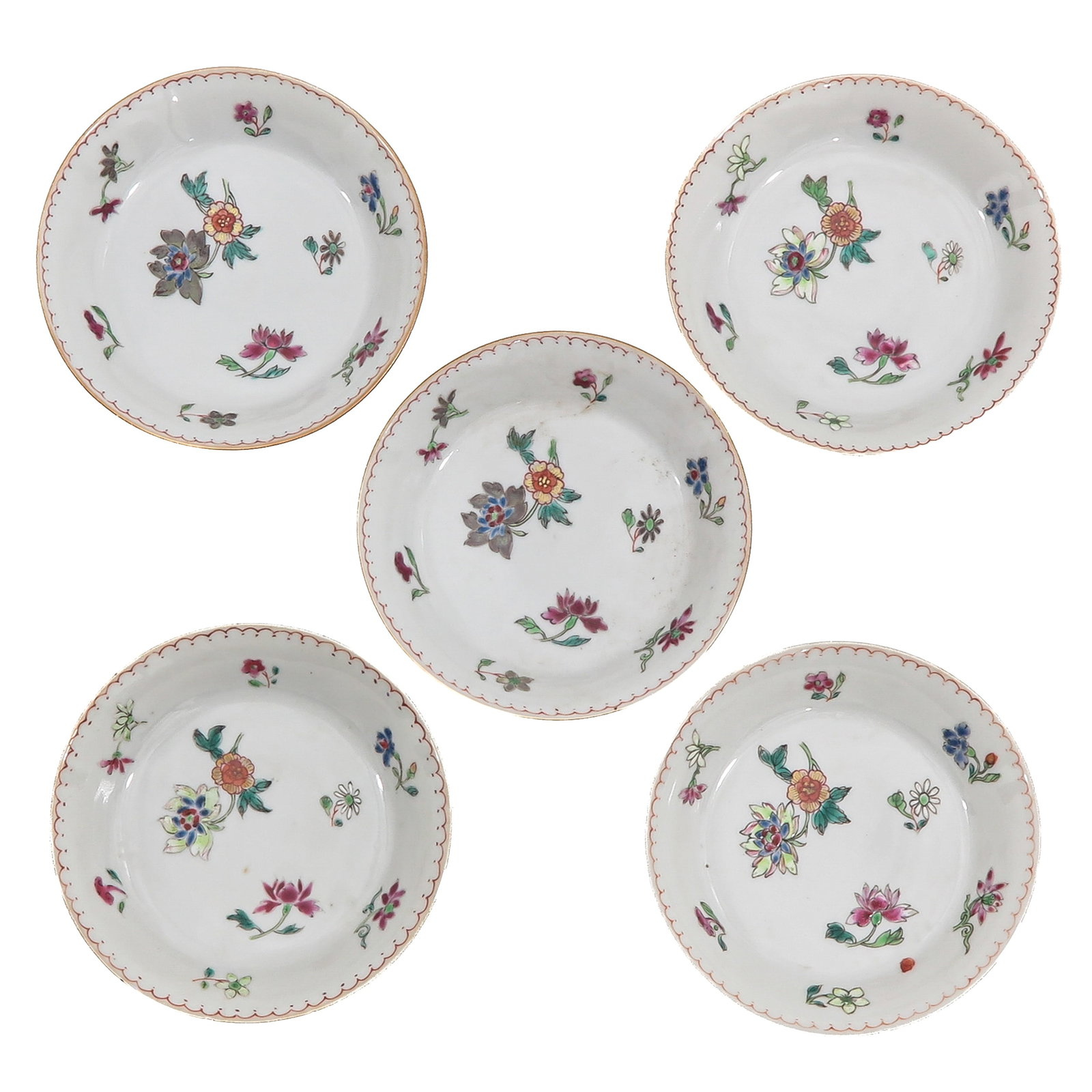 A Group of 5 Famille Rose Plates: Decorated with scattered flowering plants and lotus blossoms, Yongzheng Period, 10 cm. in diameter, chip and hairline.