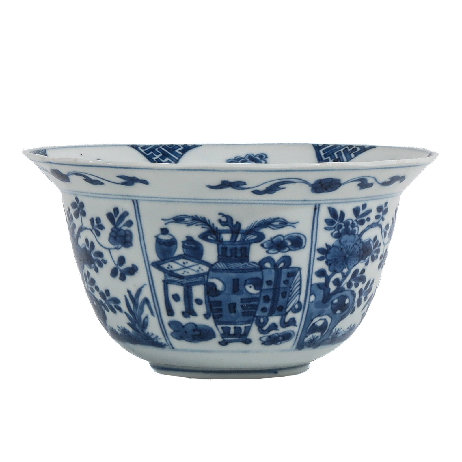 A Blue and White Flared Rim Bowl: Decorated in panels with flowering plants and auspicious objects, 15 cm. in diameter, restored.
