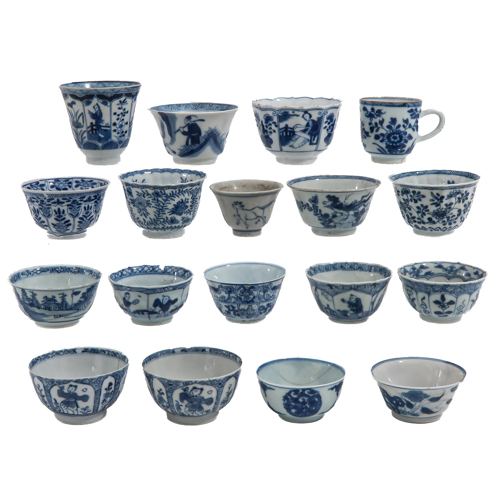 A Large Group of Blue and White Cups: Variously decorated with figures, landscapes and floral motifs, including 18th Century, largest cup is 9 cm. in diameter., in diverse conditions.