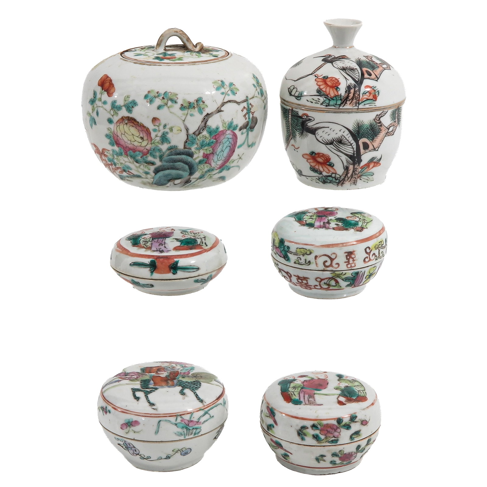 A Group of Covered Boxes and Jars: In a variety of decors, including 19th Century, covered jar is 12 cm.