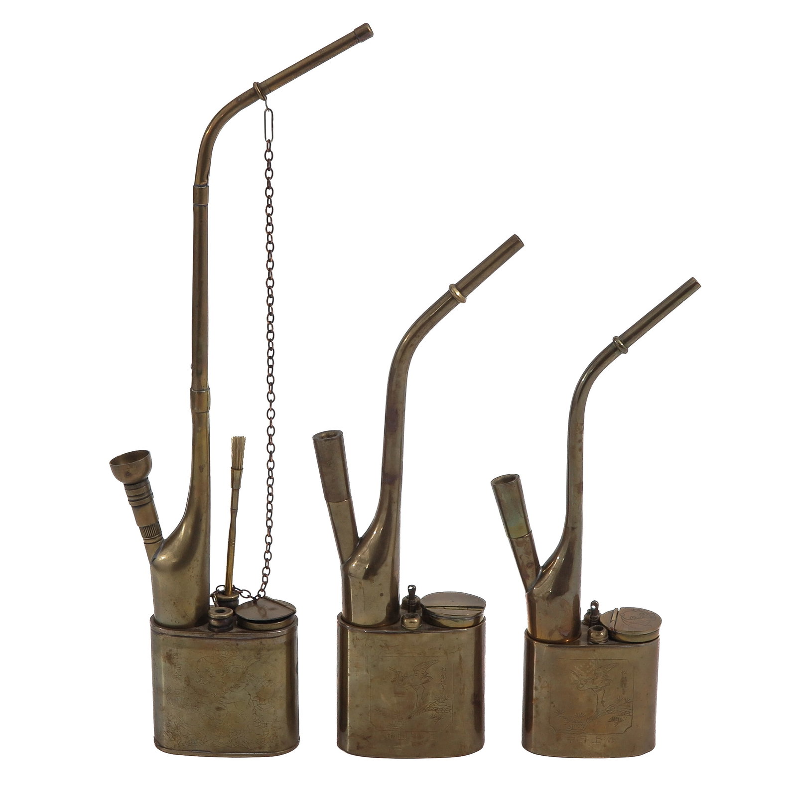 A Group of 3 Water Pipes: With engraved metal reservoirs and attached implements, tallest pipe is 35 cm.
