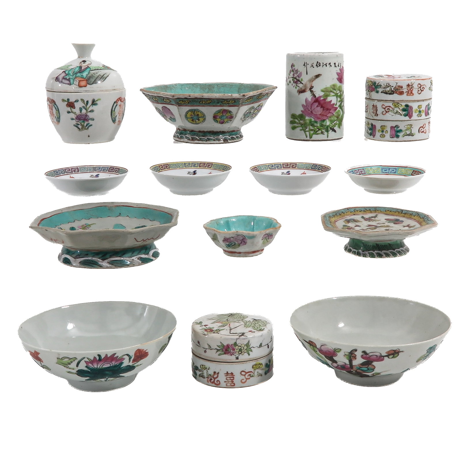 A Diverse Group of Porcelain: Including small plates, boxes, altar trays, and jars with covers, including 19th Century, largest plate is 16 cm., in diverse conditions