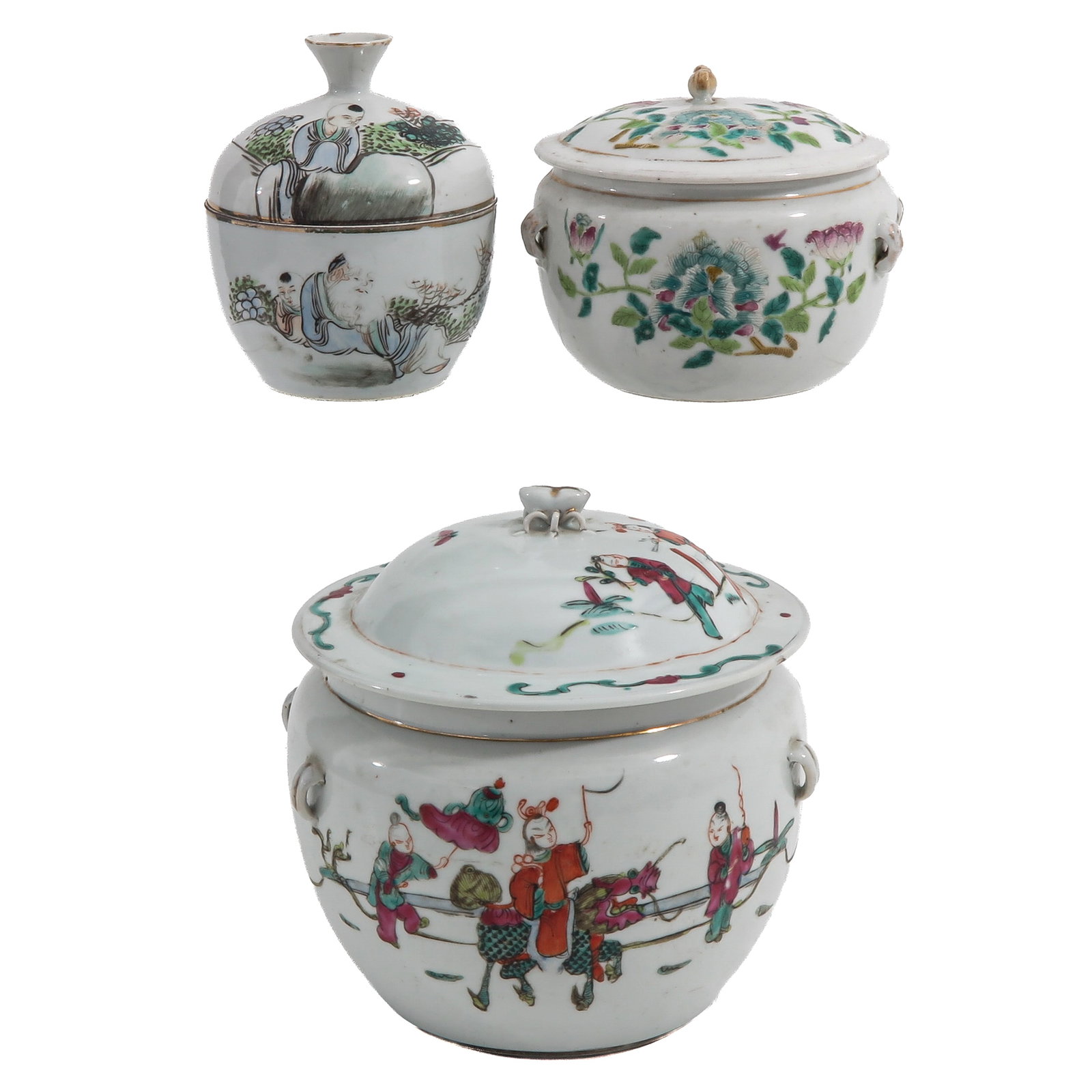 A Group of 3 Covered Jars: Variously decorated with figures in landscapes and flowering peonies, 19th Century, tallest jar is 19 cm., chip on cover.
