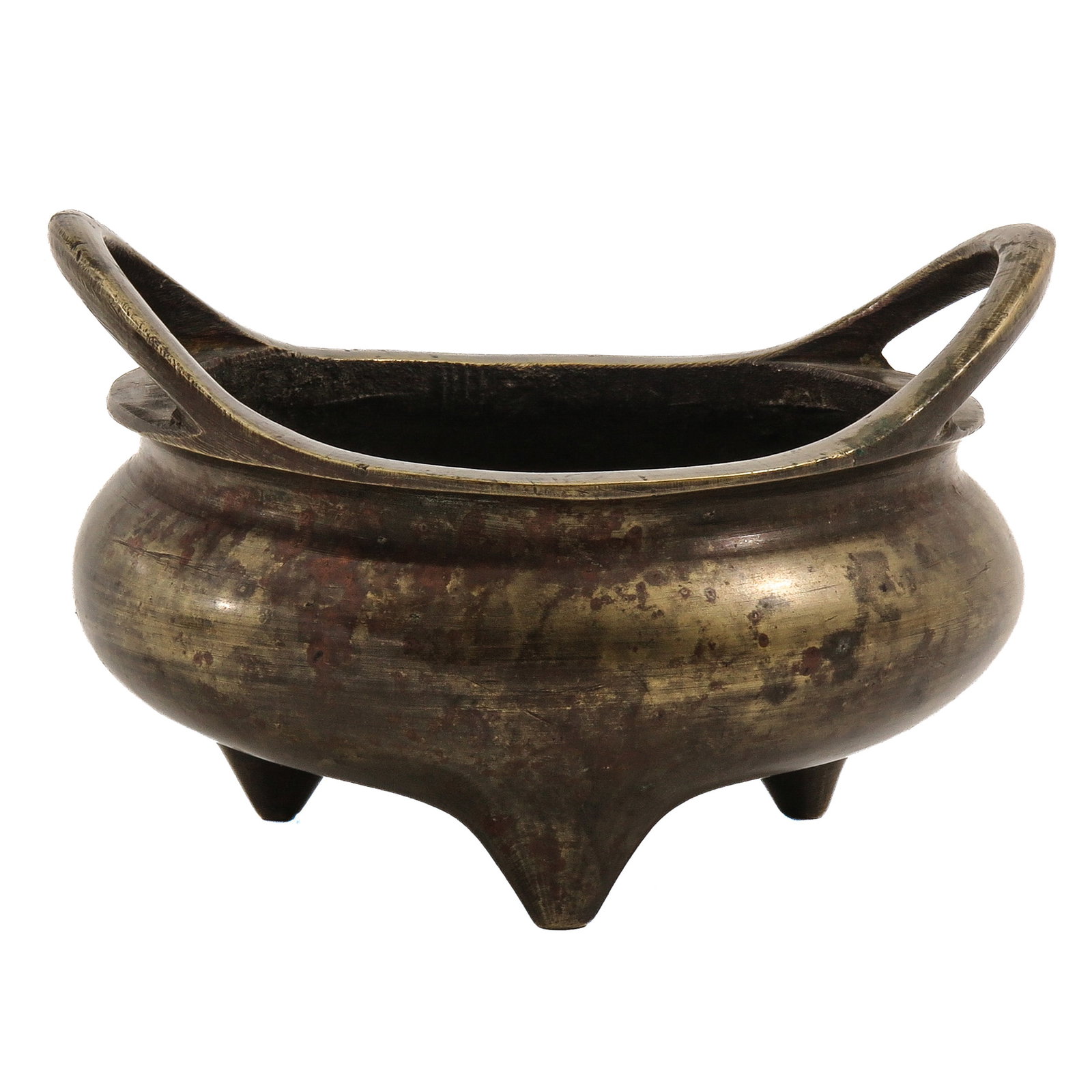 A Bronze Flared Rim Censer: With 2 upright loop handles, raised on 3 short feet, 15 x 13 cm.