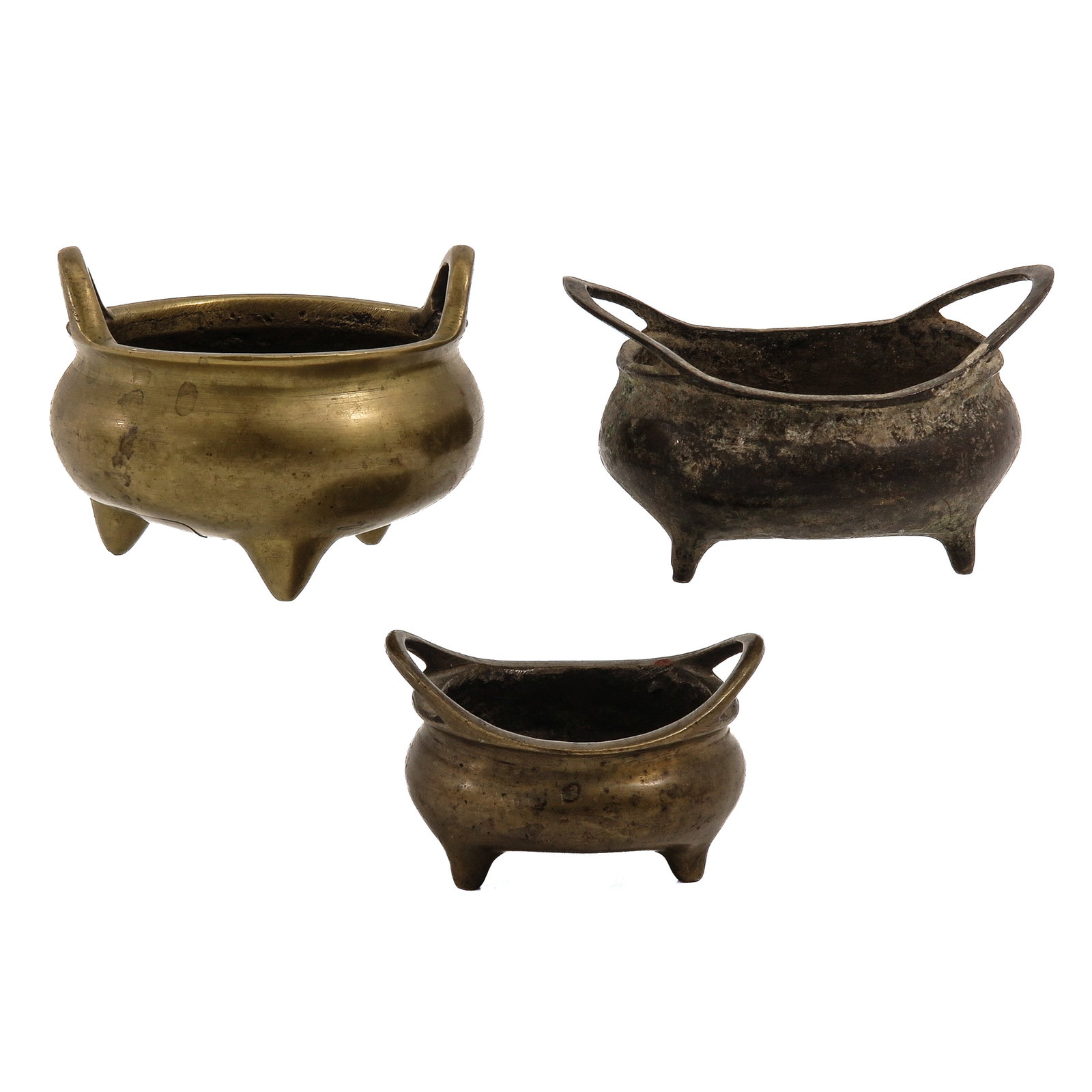 A Group of 3 Bronze Censers: Each with 2 upright handles and raised on three short feet, largest is 10 x 8 cm.