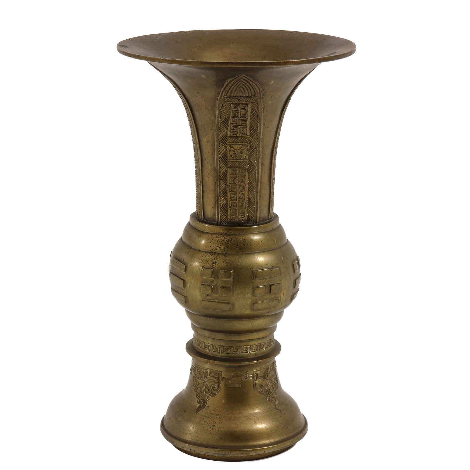 A Bronze Gu Vase: Geometric and taotie-style motifs with a widely flared trumpet shaped mouth and spreading foot, 26 cm. tall.