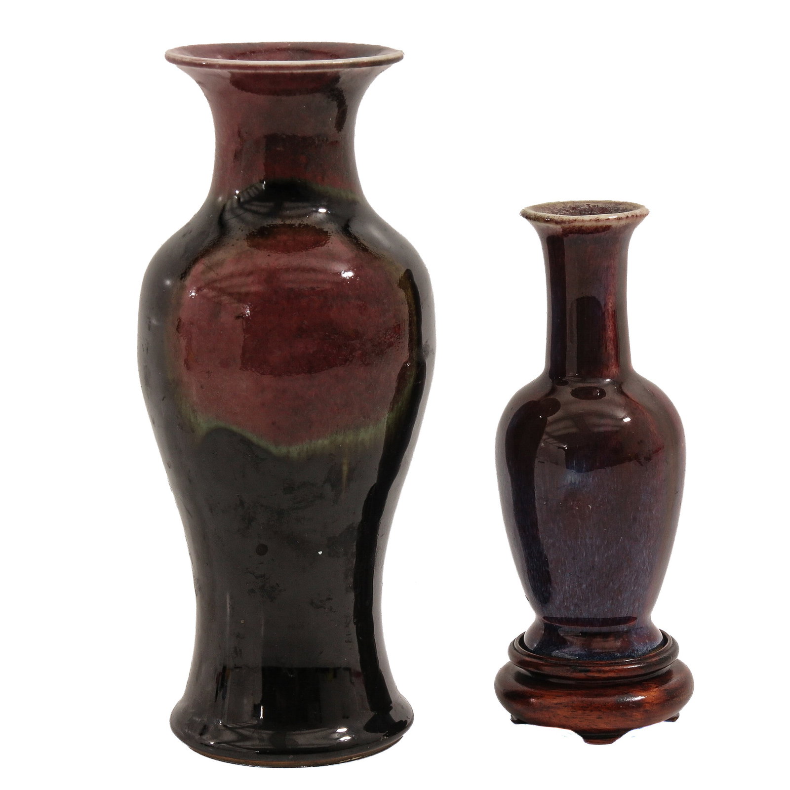 A Lot of 2 Flamb? Glazed Vases: Covered in deep red and purple glazes, tallest vase is 22 cm.