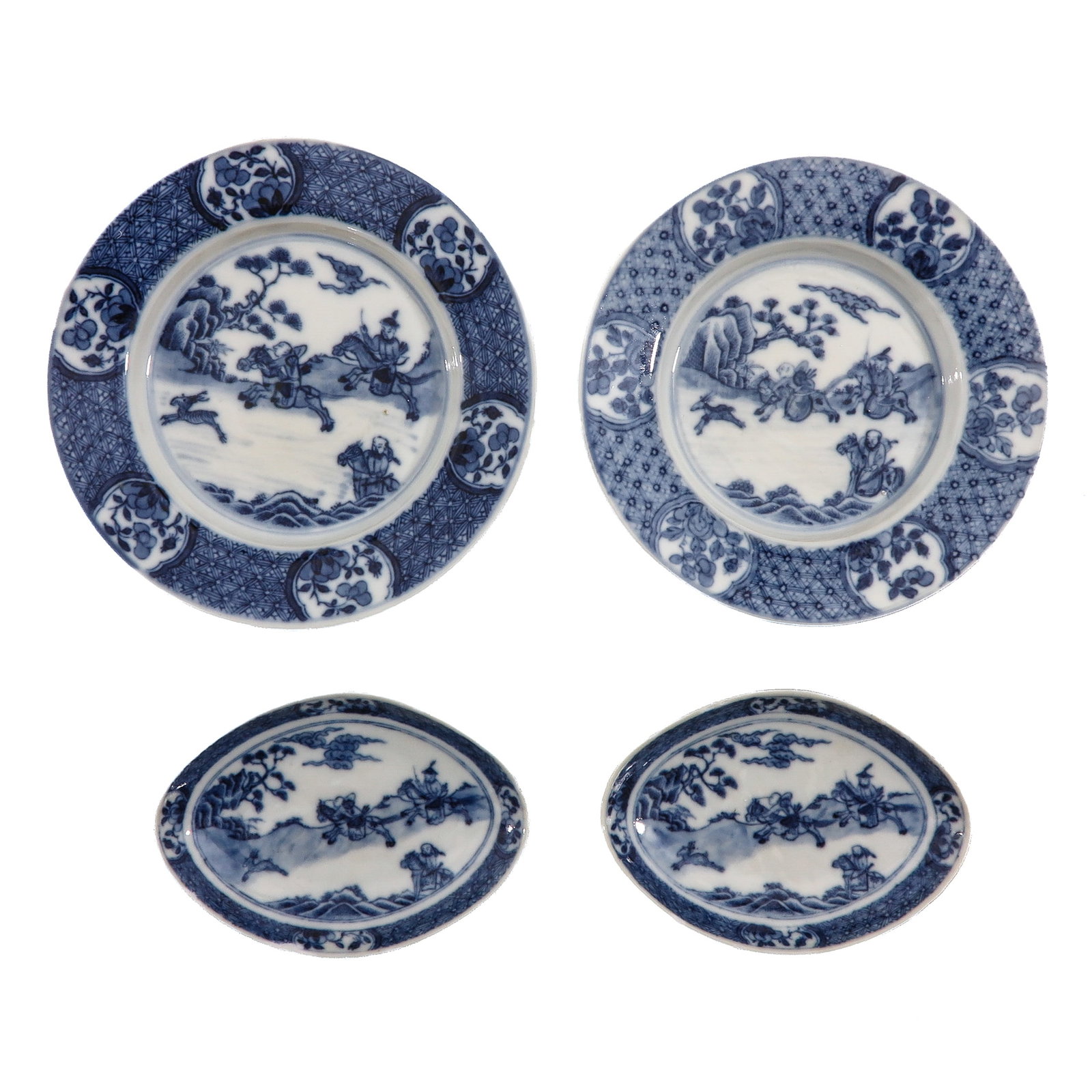 A Group of 4 Blue and White Dishes: Decorated with figures on horseback and attendants in landscape settings, within a floral and diaper border, 18th Century, largest dish is 15 cm. in diameter, chip.