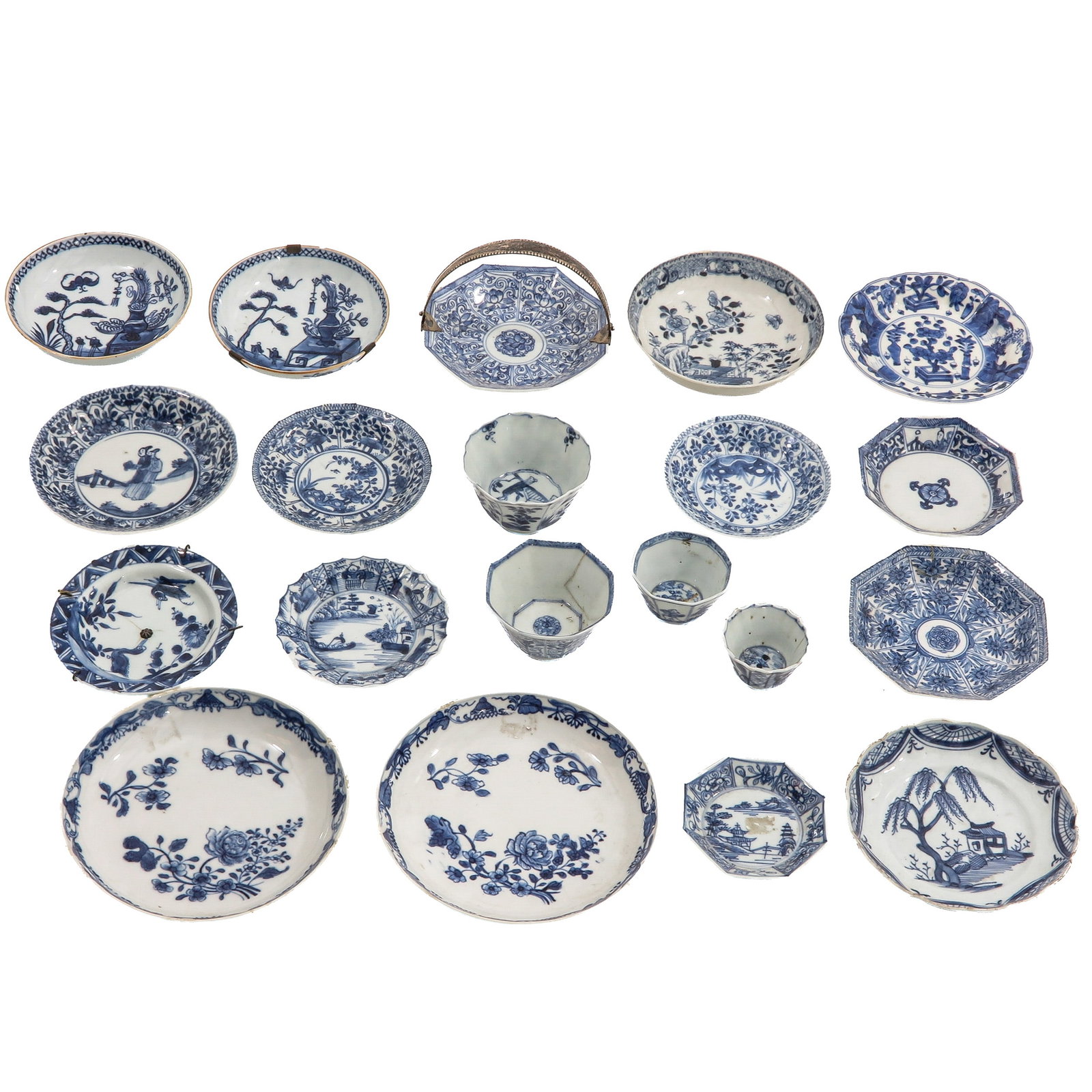 A Large Collection of Porcelain: Comprising of various dishes and cups, decorated with floral, figural and landscapes scenes, including 18th Century, largest plate is 16 cm. in diameter, in diverse conditions.