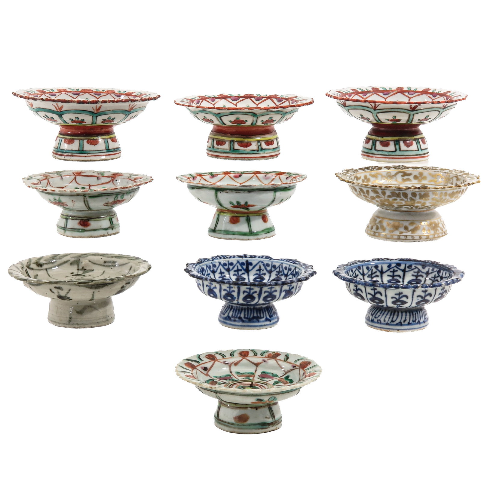 A Group of Altar Vases: In various decors, 19th Century, 13 cm. in diameter x 6 cm. tall, chip and hairline.