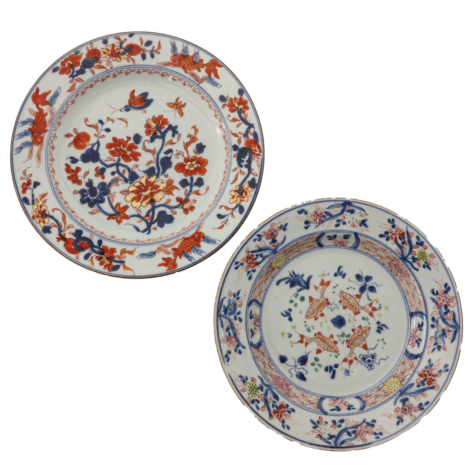 A Lot of 2 Polychrome Plates: One decorated in Imari palette with flowers, the other with goldfish amongst flowers, 18th Century, 22 cm. in diameter, chip.