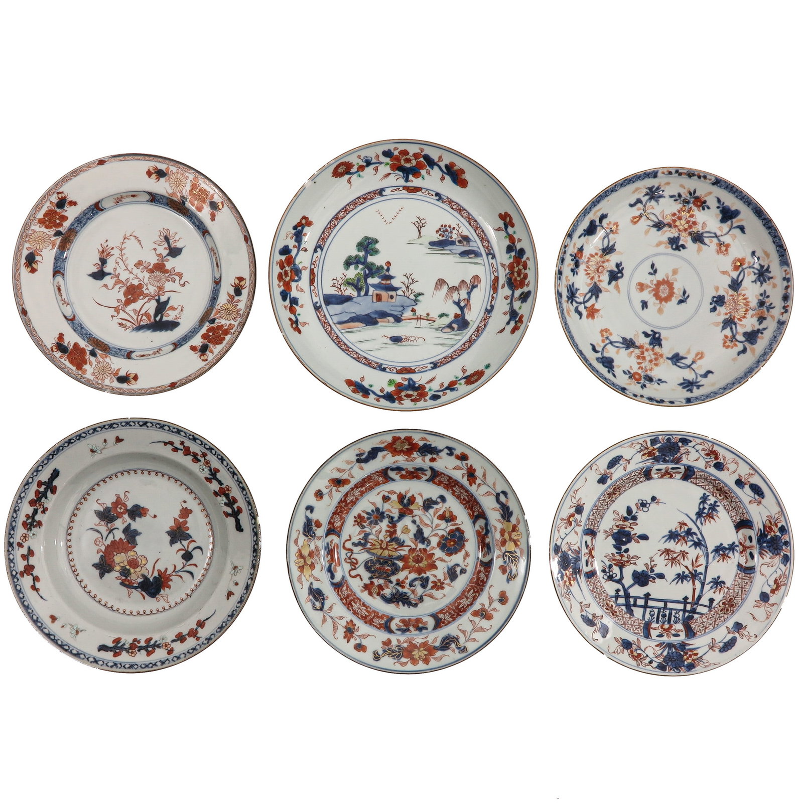 A Group of 6 Plates: In a variety of decors and sizes, including 18th Century, largest plate is 25 cm. in diameter, chip and hairline.