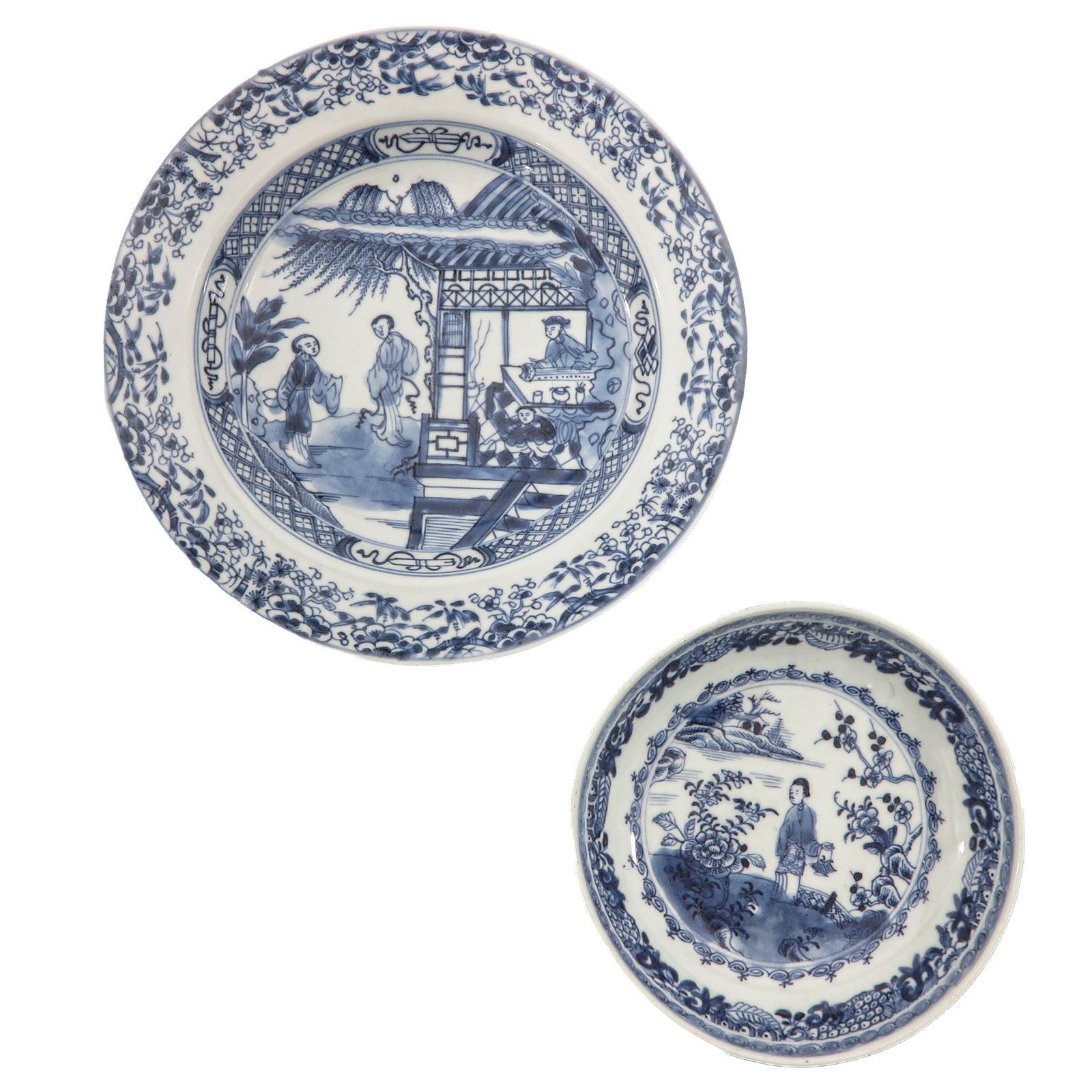 A Lot of 2 Blue and White Plates: Decorated with figural scenes in a garden and architectural settings, 18th Century, largest plate is 23 cm.