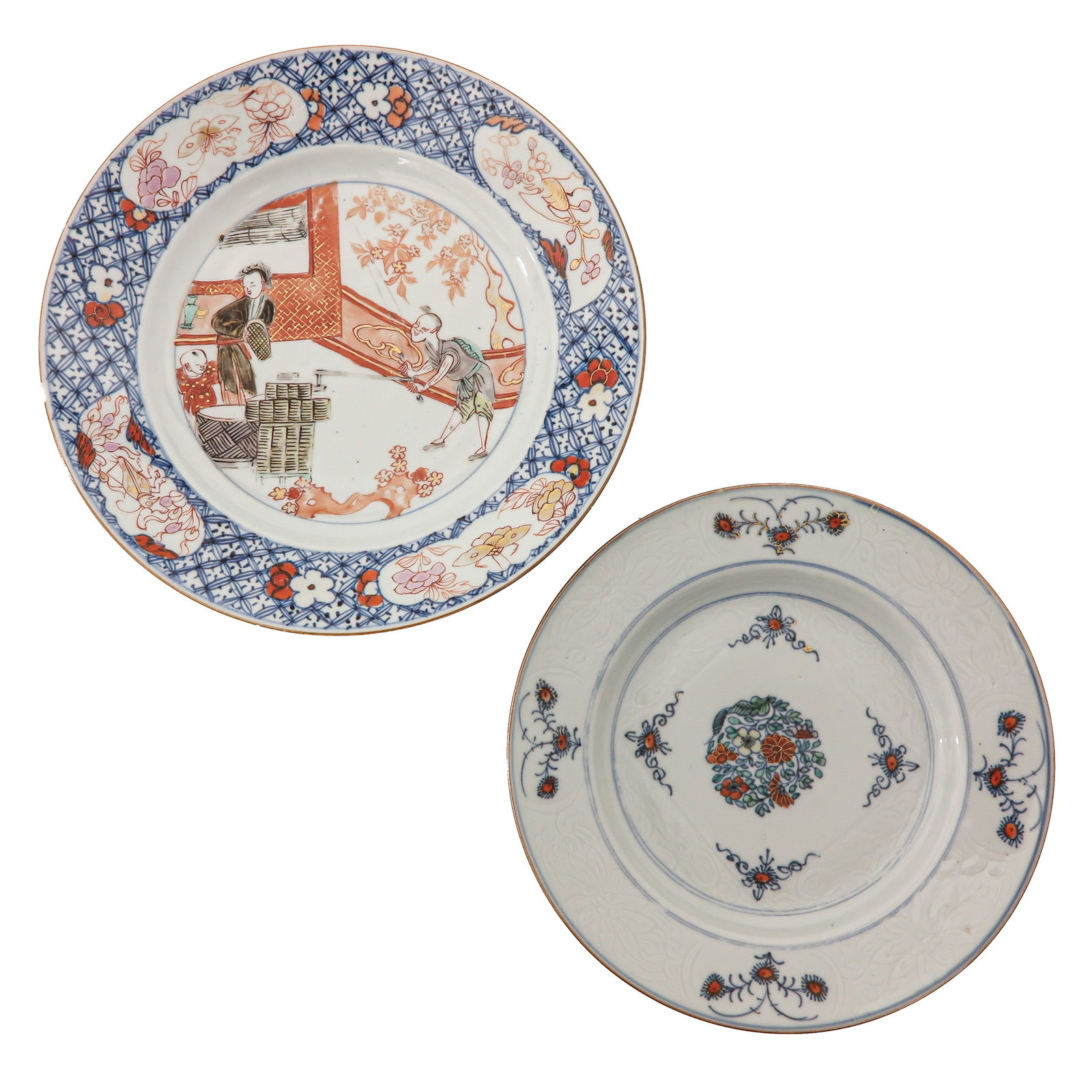 A Doucai Plate and a Polychrome Decor Plate: Doucai dish decorated with floral motifs and a Polychrome decor dish with figures in a garden setting, 25 cm. in diameter, chip and hairline.