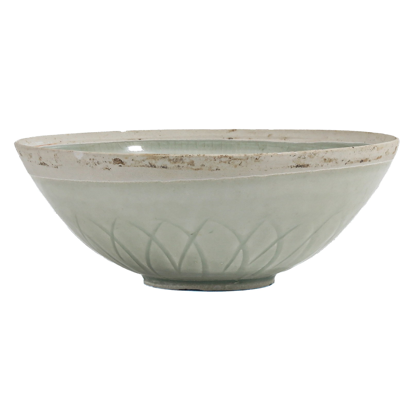 A Celadon Glazed Bowl: Incised lotus petal decoration, 18 cm. in diameter, Jung/Song dynasty, chip.