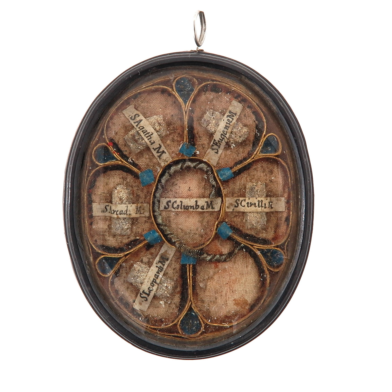 A Sealed Multi-Theca: containing 6 relics, including Saint Agatha, virgin and martyr, patron saint of among others nurses and patron saint against fire, and Saint Eugenia, virgin and martyr, you are purchasing the theca, t