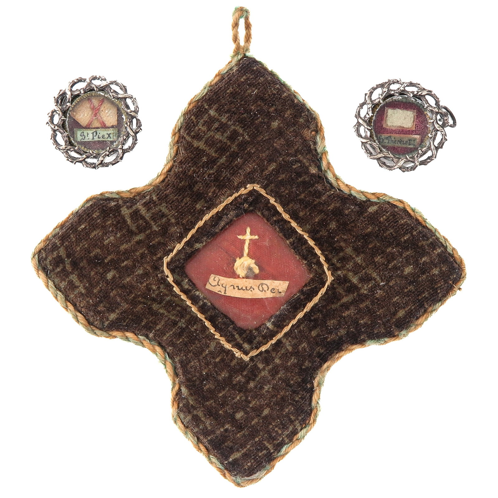 A Group of 3 Relics: consisting of 3 relics, Saint Pius X, Saint Th?rse and relic of the Holy Cross (Lignum Domini), 13 x 13 cm. you are purchasing the thecae, the relics are a gift, 4 x 5 cm.