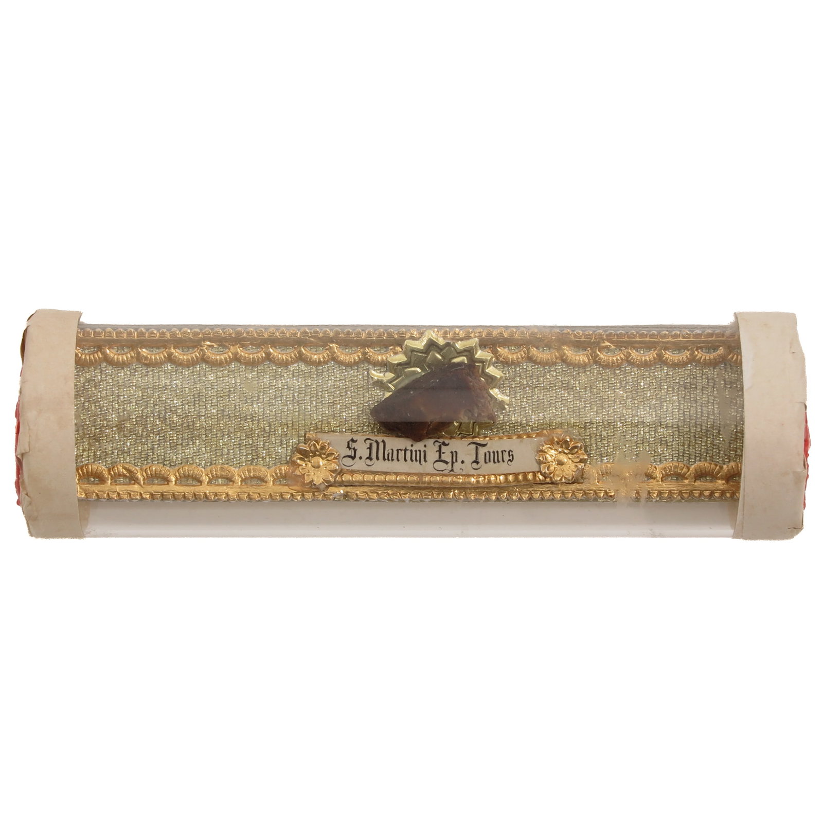 A Reliquary: containing relic of Saint Martin of Tours, bishop, patron of including soldiers and the poor, 10 x 3 cm.
