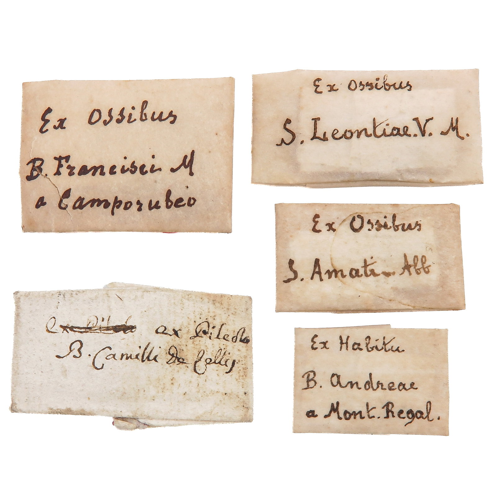 A Group of Documents: consisting of 5 relic documents, belonging to various relics of saints and blesseds, including Ex Ossibus B. Francisci Camporosso and Ex Ossibus S. Leontinae V.M.