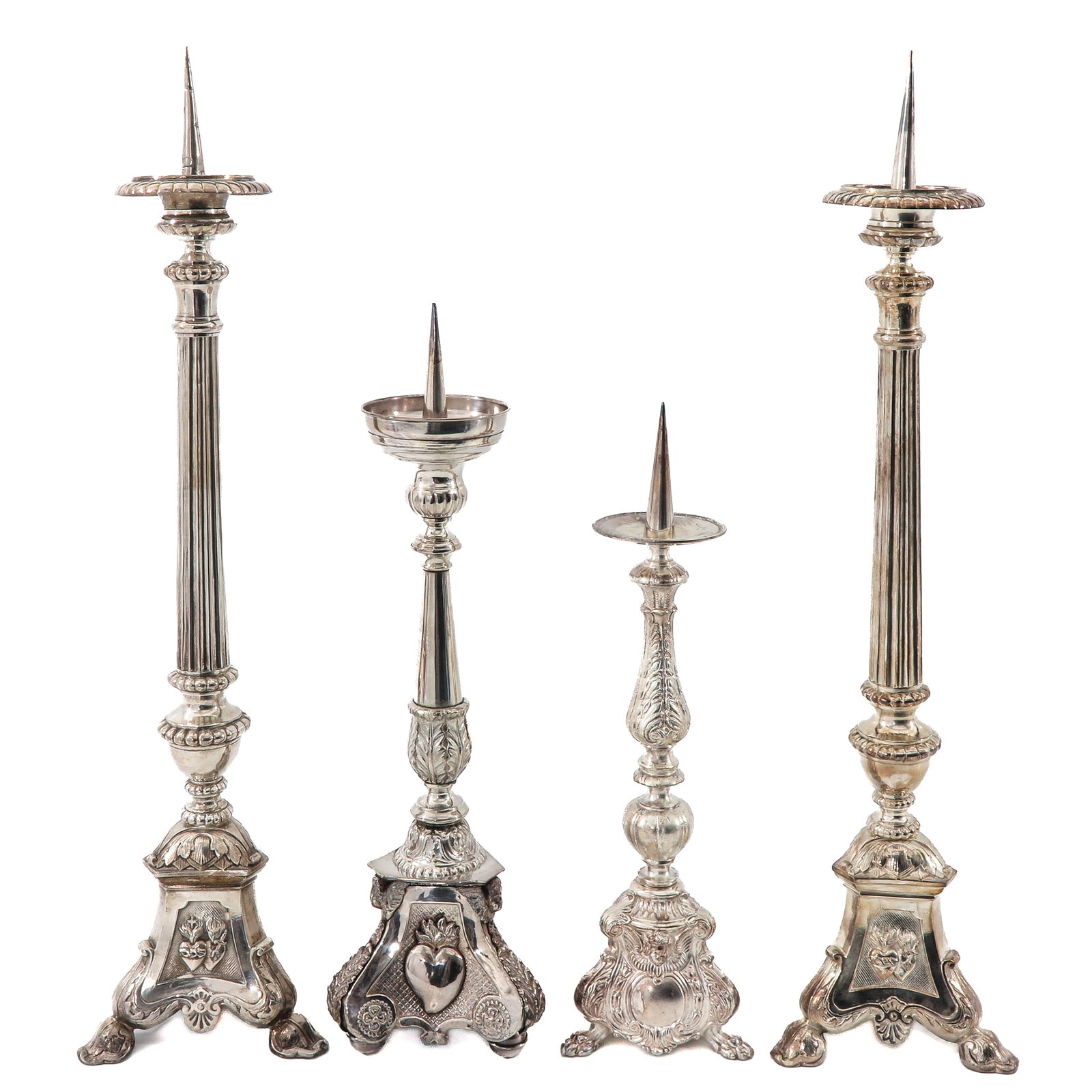 Group of Silver Plated Altar Candlesticks: consisting of 4 silver-plated altar candlesticks, tallest 68 cm.