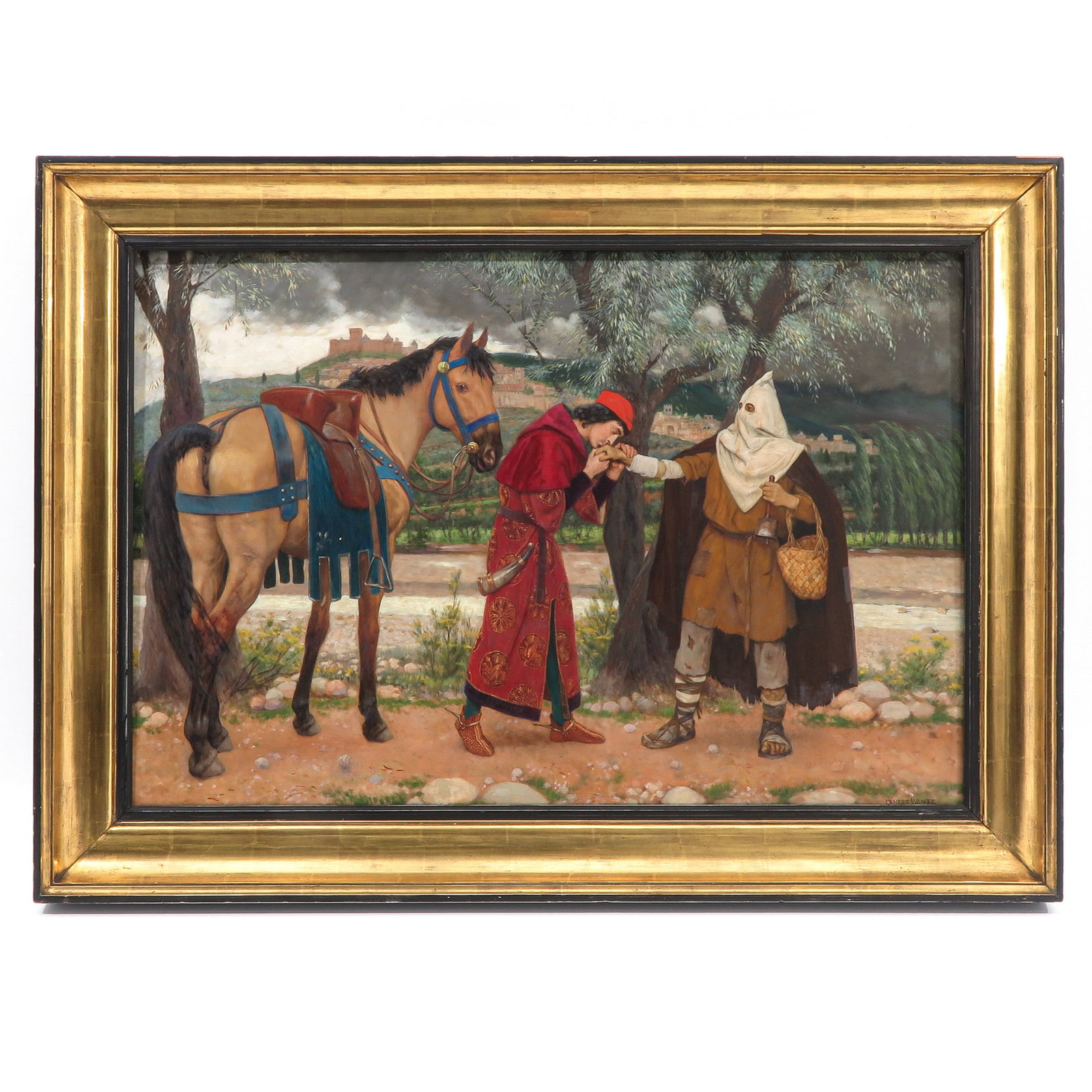 A Religious Painting: signed Ernest Wante (1872 - 1960), Ghent, depiction of charity or blessing, with two figures and a horse in a landscape, 81 x 55 cm.