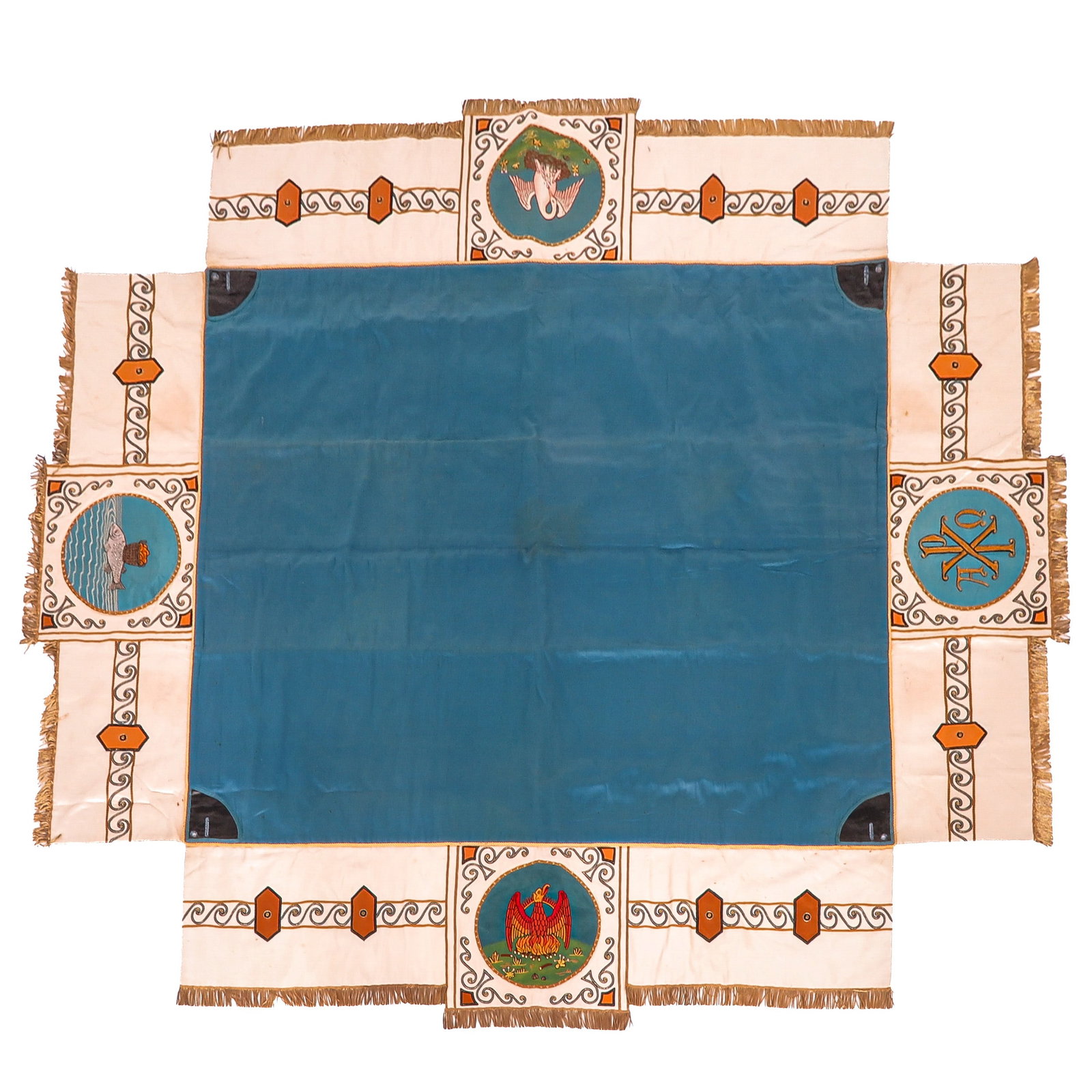 A Religious Canopy Covering: also know as a baldakijn, silk, with central blue field, surrounded by embroidered Christian symbols, including the dove of the Holy Spirit, the pelican feeding her young, the Christ monogram IHS and