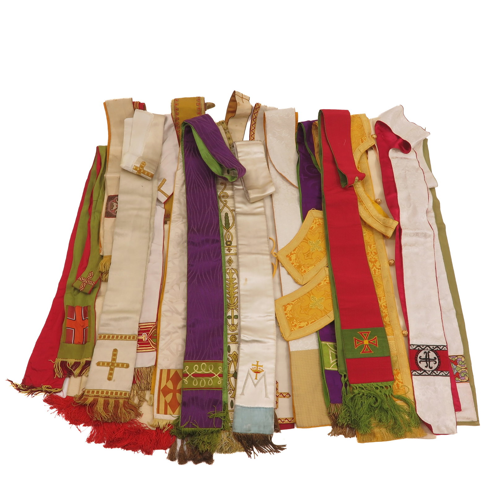 A Group of Liturgical Vestments: consisting of various liturgical vestments, mainly stoles, in various colours and designs with religious symbols