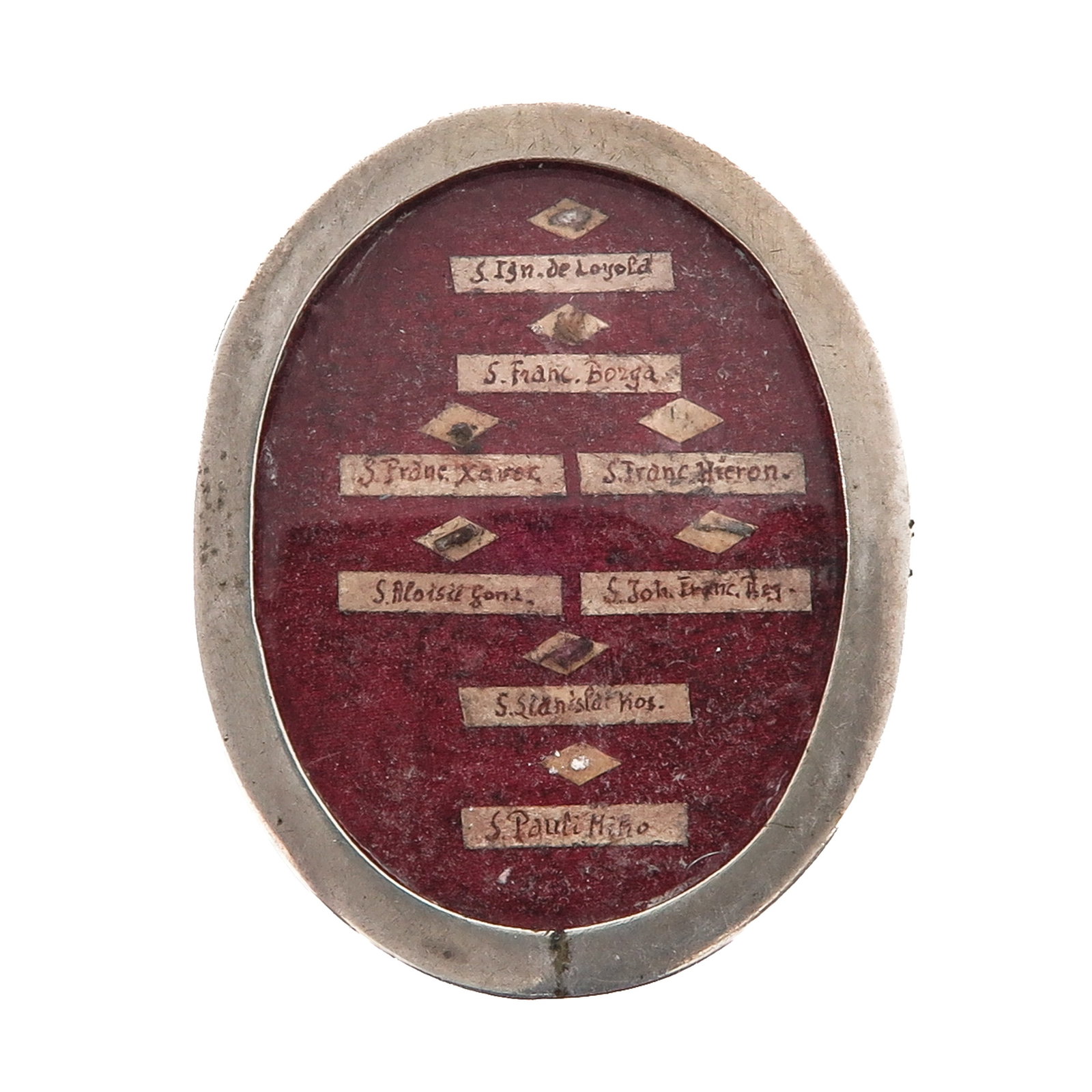 A Sealed Multi Theca: containing 8 relics of Jesuit saints, including Saint Ignatius of Loyola, Saint Francis Xavier and Saint John Berchmans, with certificate, you are purchasing the theca, the relics are a gift, 5 x 6 cm