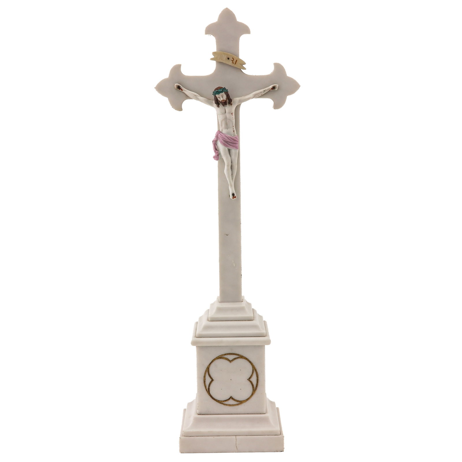 A Marble Crucifix: marble, with polychrome corpus of Christ, marble base with gilt decoration, height 50 cm.