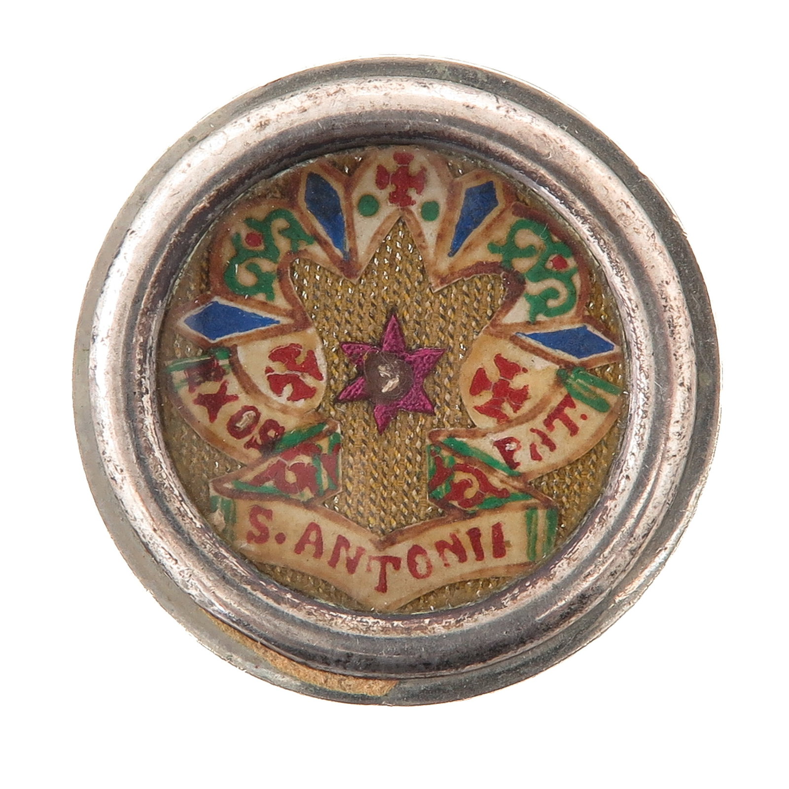 A Sealed Theca: containing relic of Saint Anthony of Padua, patron of lost objects, you are purchasing the theca, the relic is a gift, diameter 4 cm.