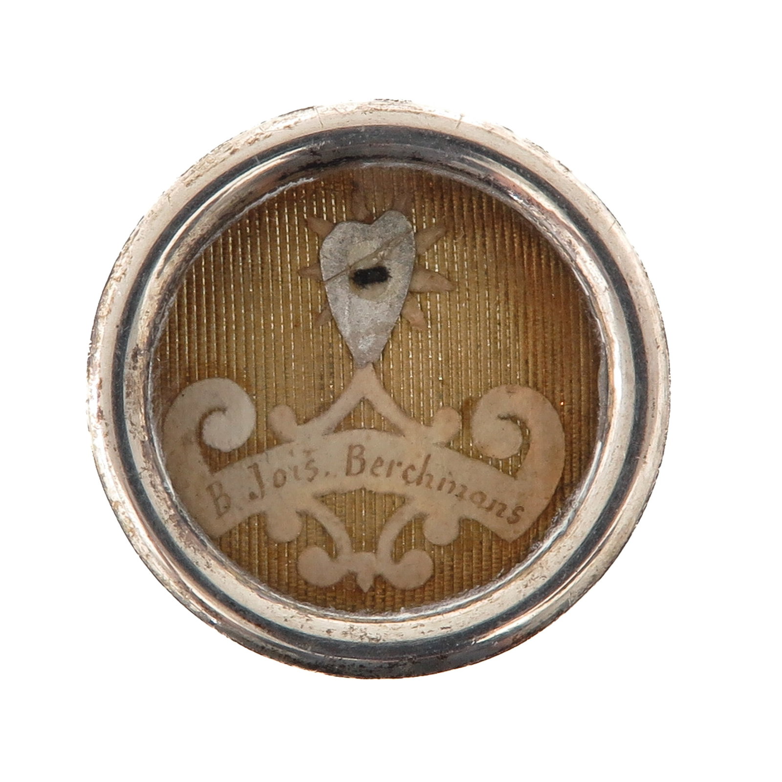 A Sealed Theca: containing relic of Blessed John Berchmans, Jesuit, patron of altar servers and students, you are purchasing the theca, the relic is a gift, diameter 4 cm.