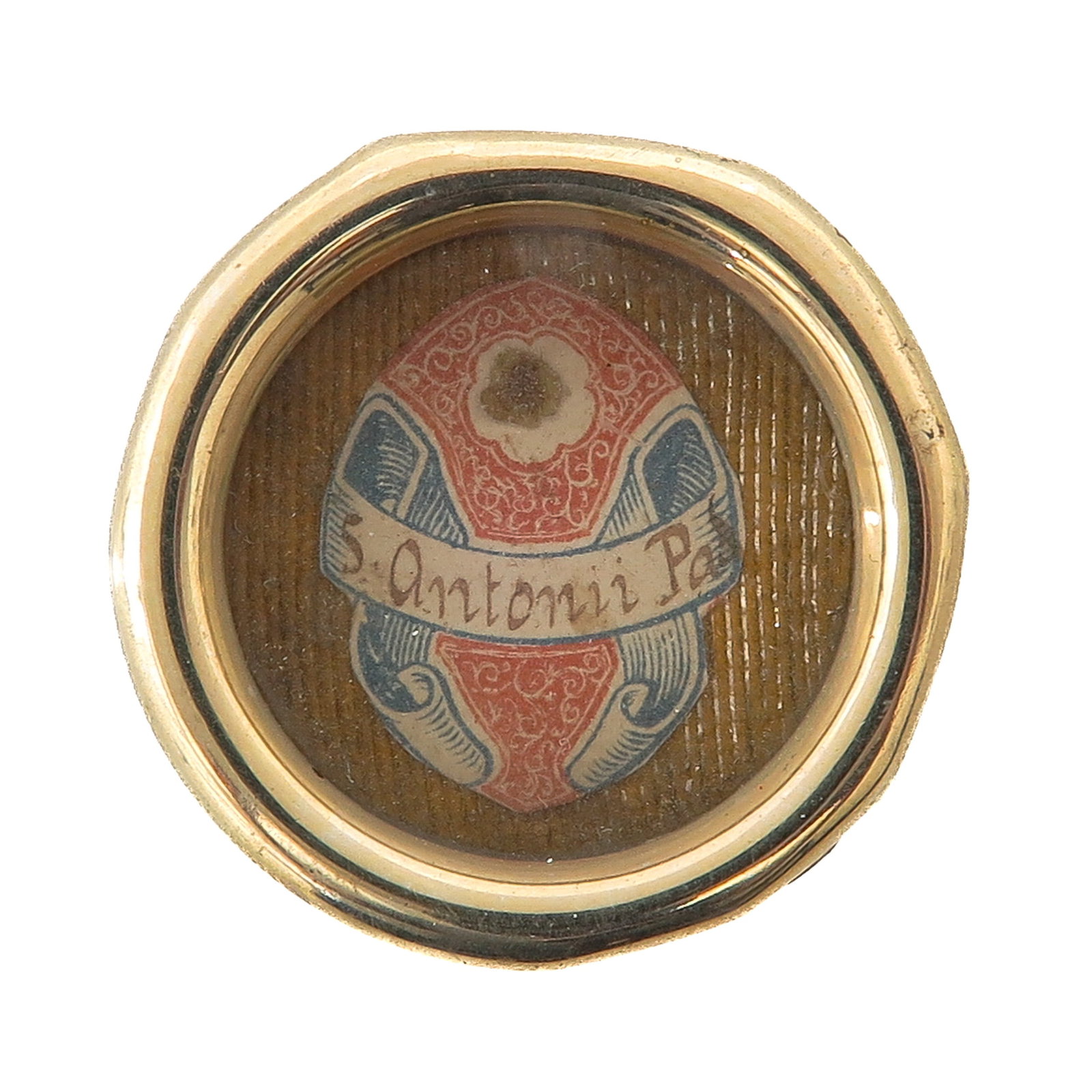 A Sealed Theca: containing relic of Saint Anthony of Padua, patron of lost objects, you are purchasing the theca, the relic is a gift, diameter 4 cm.