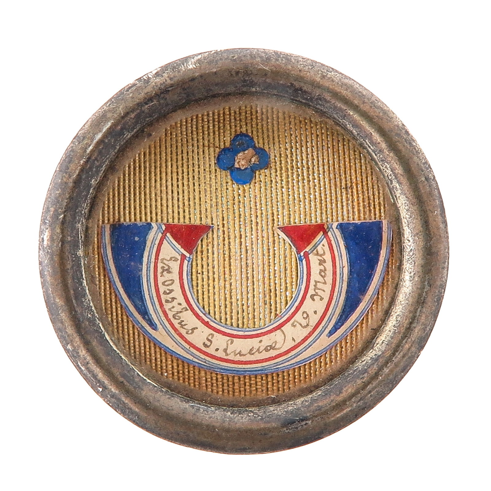 A Sealed Theca: containing relic of Saint Lucy, virgin and martyr, patron saint of the blind and visually impaired, with certificate, you are purchasing the theca, the relic is a gift, diameter 4 cm.