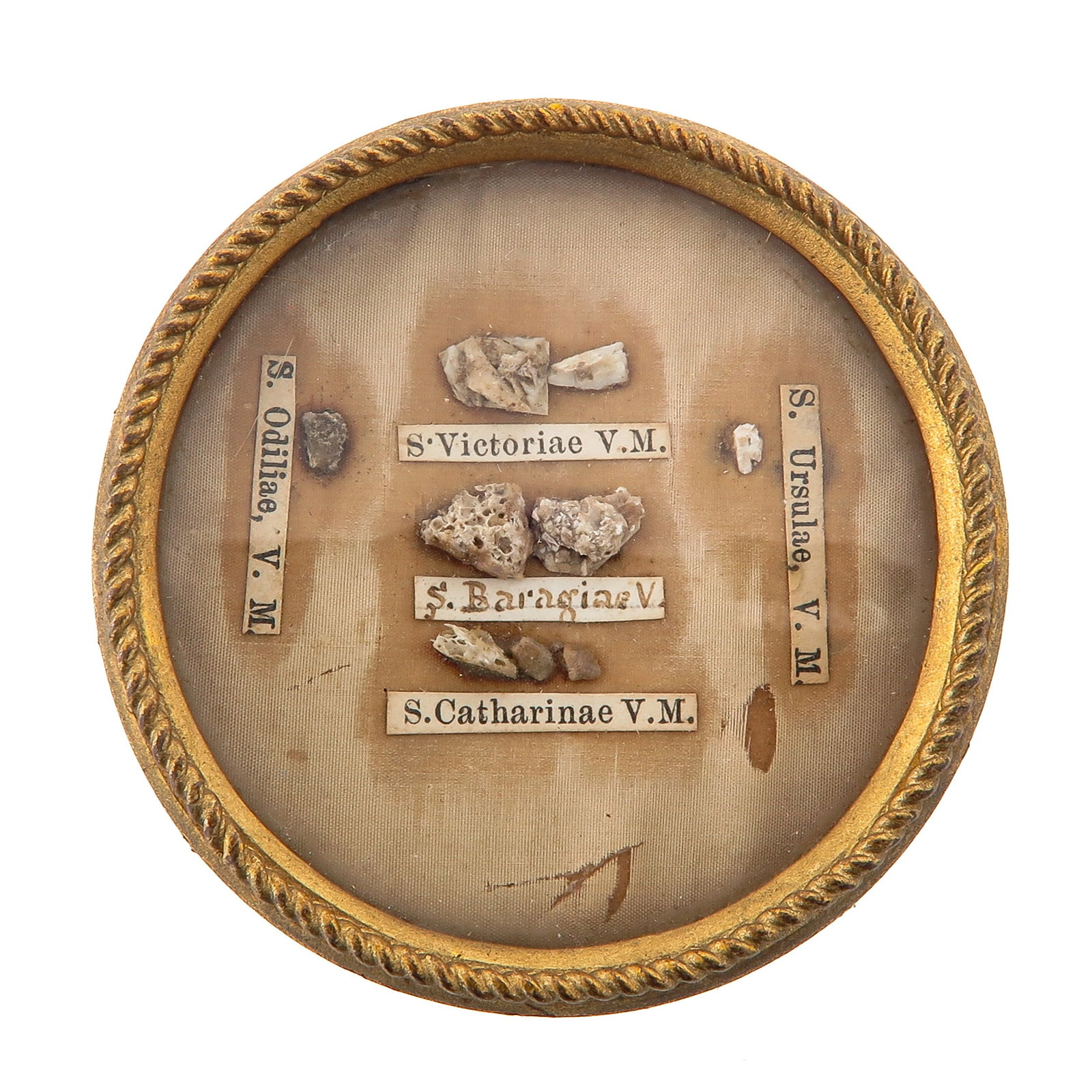 A Sealed Multi Theca: containing 5 relics, consisting of Saint Odilia, Saint Victoria, Saint Barbara, Saint Catherine and Saint Ursula, you are purchasing the theca, the relics are a gift, diameter 6 cm.