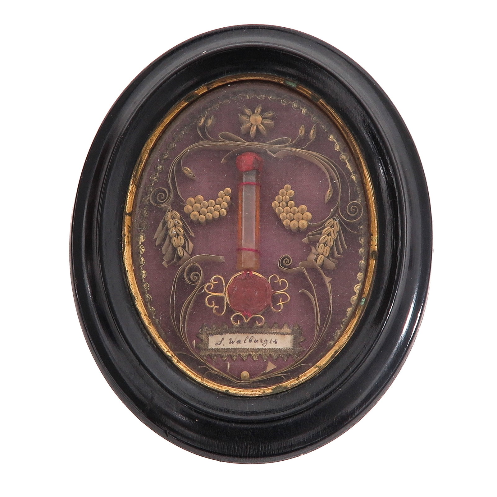 A Relic Frame: with relic of Saint Walburga, patron saint against rabies and storms and also invoked for the protection of crops and livestock, with certificate, you are purchasing the relic frame, the relic is a