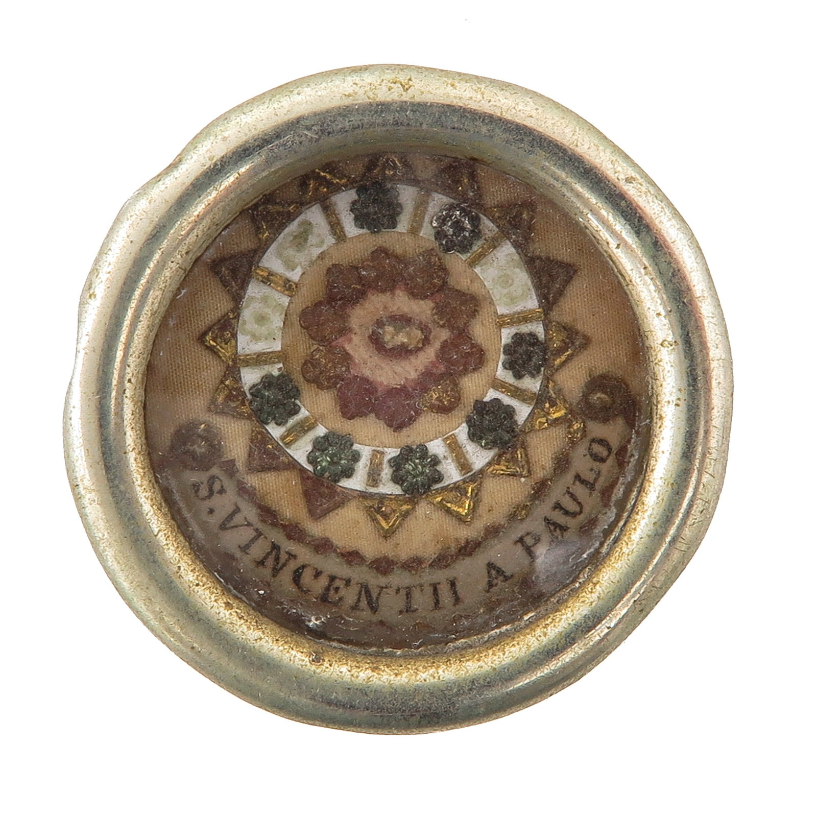 A Sealed Theca: containing relic of Saint Vincent de Paul, priest, patron of charitable institutions, volunteers and care of the poor, you are purchasing the theca, the relic is a gift, diameter 4 cm.